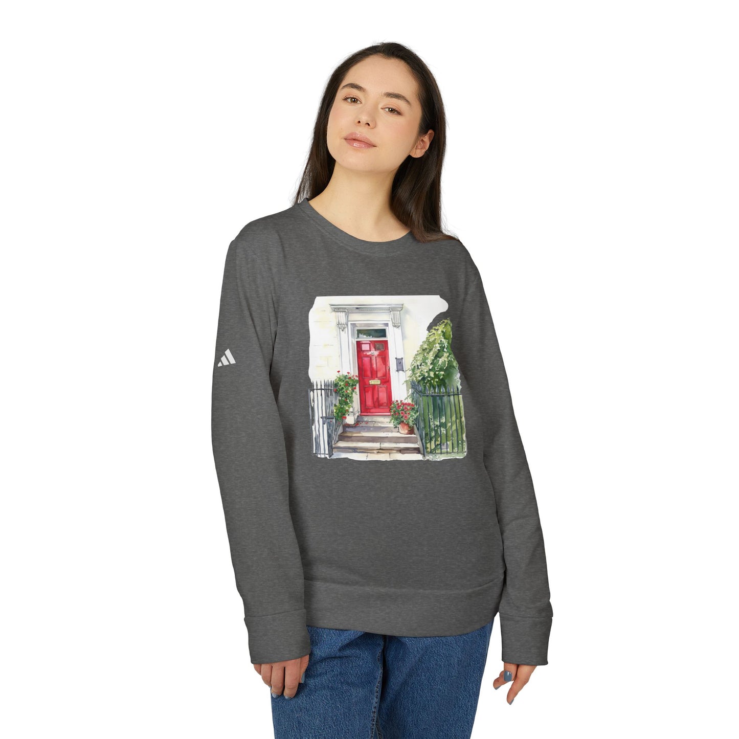 Adidas Unisex Fleece Crewneck Sweatshirt - Cozy Grey Sweatshirt with Red Door Design for Home Lovers