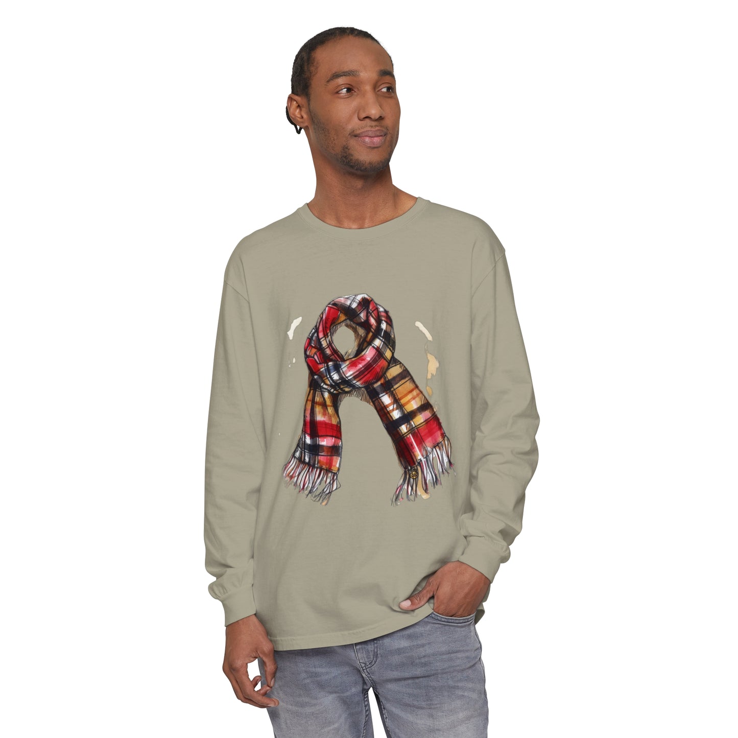 Unisex Garment-dyed Long Sleeve T-Shirt - Plaid British Scarf - Timeless Style and Classic Elegance