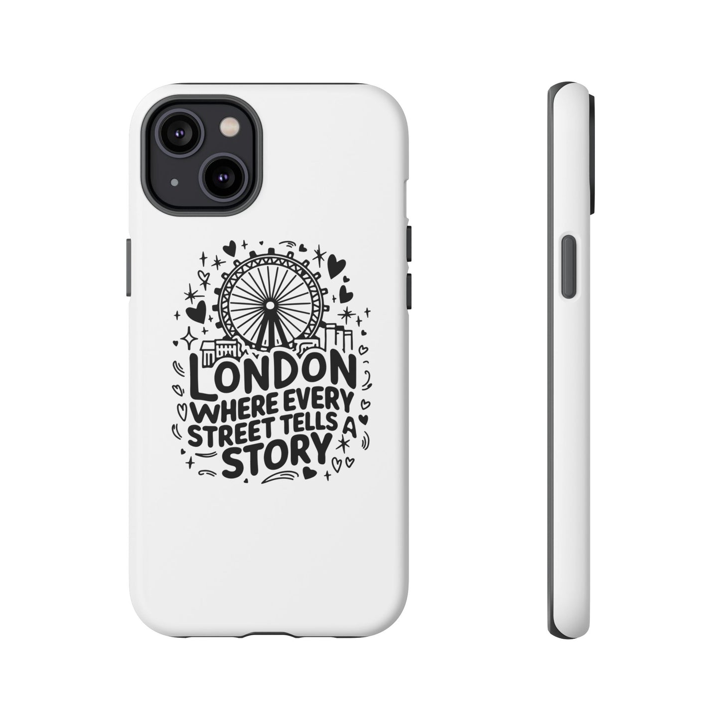 London Story Phone Case, Tough iPhone Cover, Gift for Travelers, London Souvenir, Black Typography Design