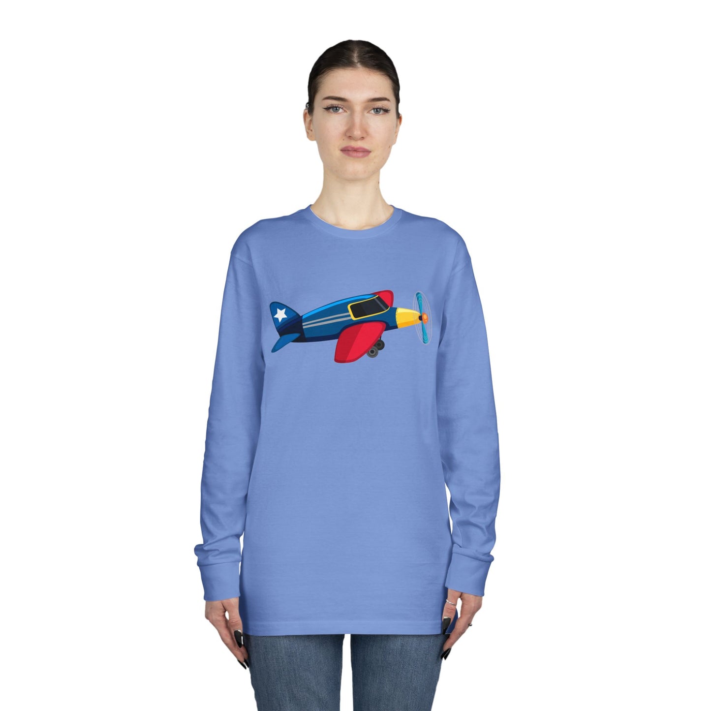 Long Sleeve Crewneck Tee - Vintage Airplane Illustration - Retro Aviation Design