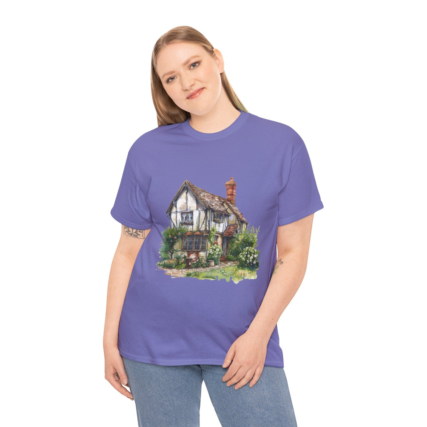 Unisex Heavy Cotton Tee - Countryside Charm - The Classic British Village House