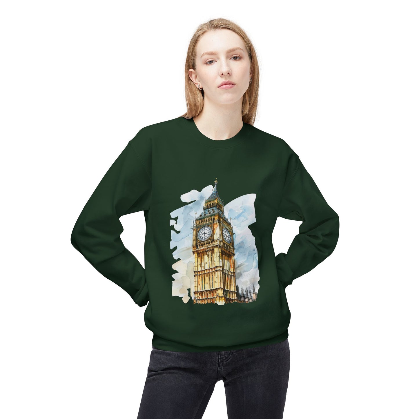 Unisex Midweight Softstyle Fleece Crewneck Sweatshirt - Towering Time - Big Ben and British Heritage