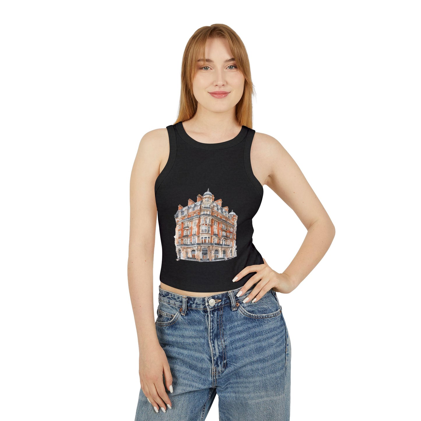 Women's Micro Rib Racer Tank Top - British Vintage Building - Architectural Charm and Classic Appeal