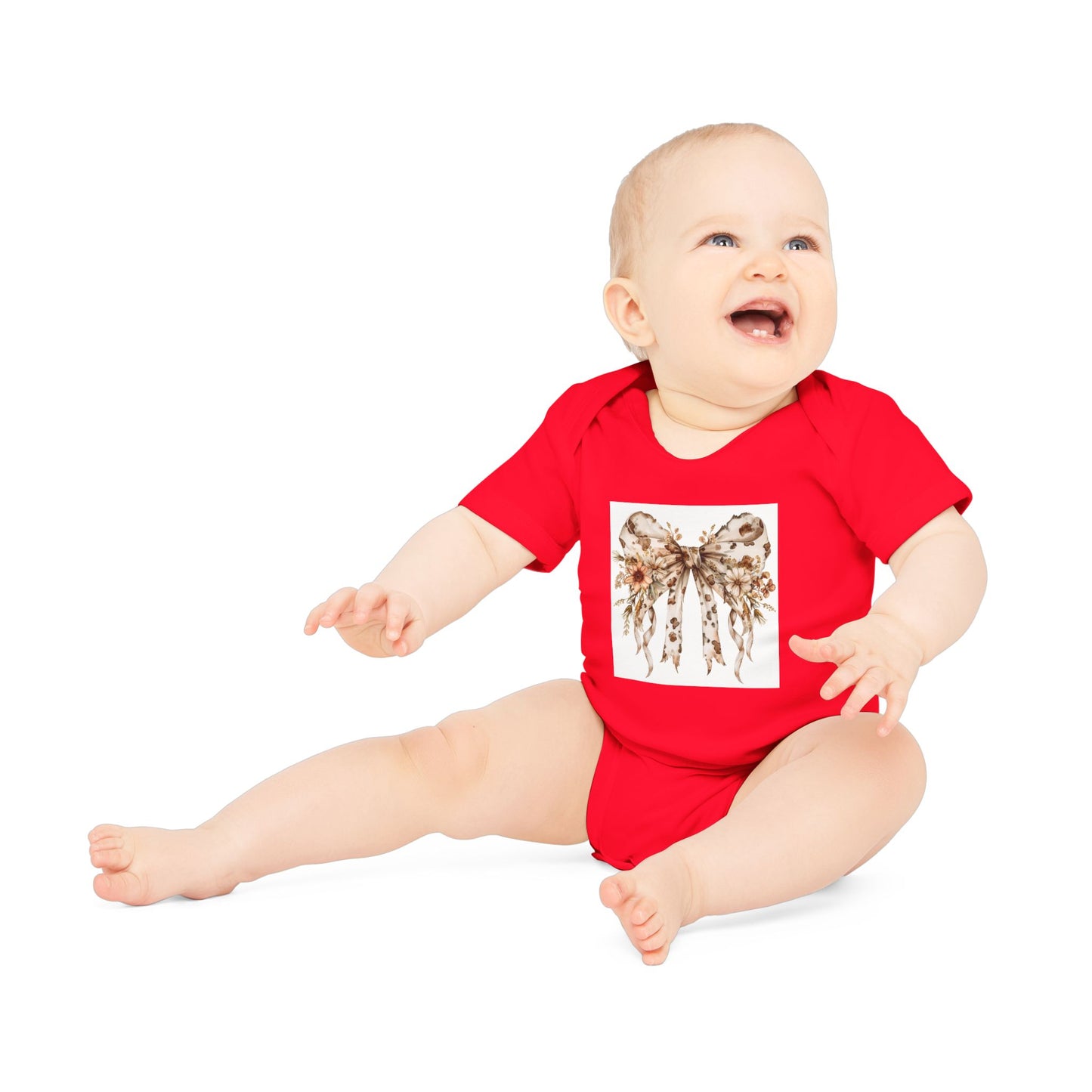 Floral Bow Baby Bodysuit - Organic Short Sleeve Outfit for Infants