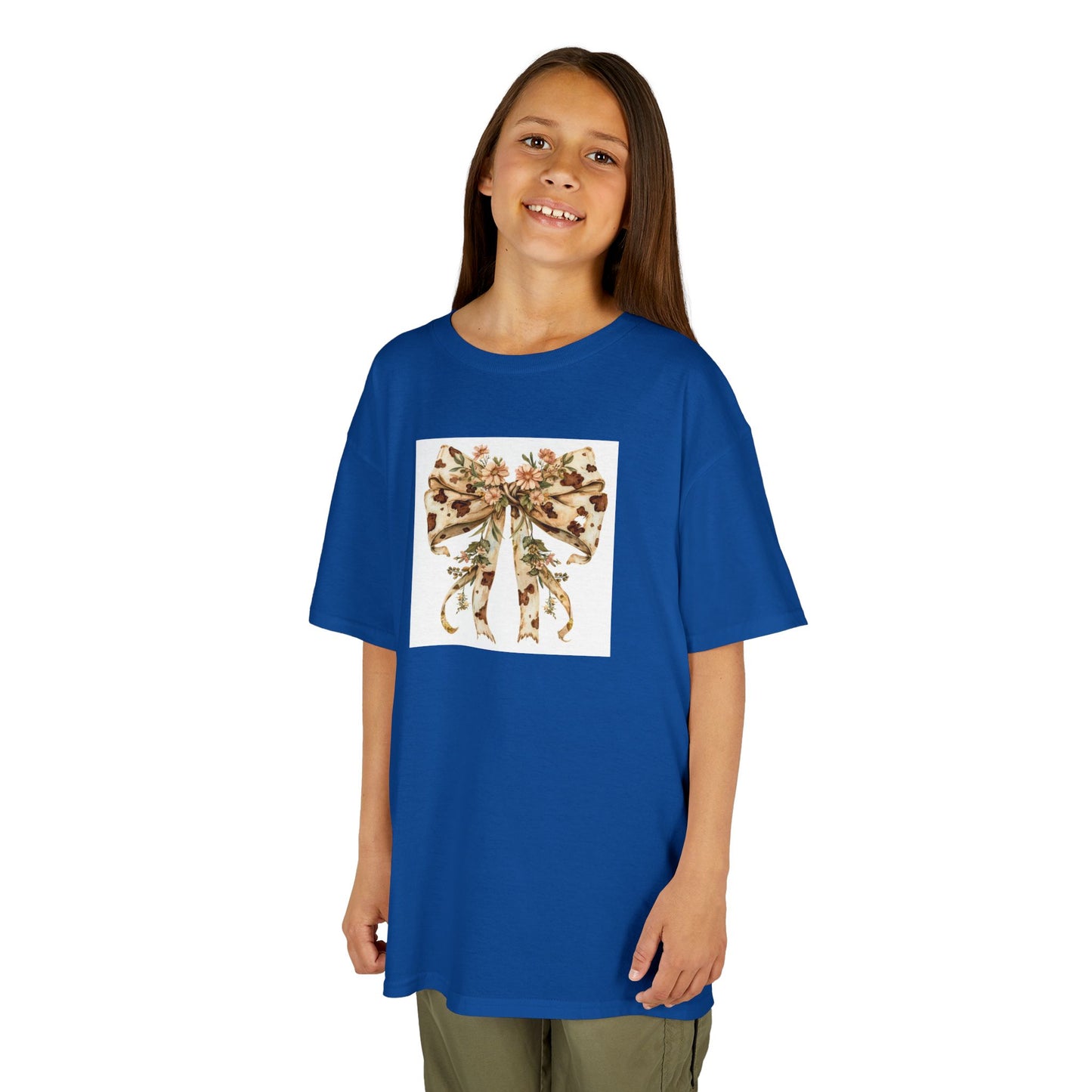 Kids Tee - Boho Western Bow with Flowers and Cow Pattern - Adorable Heavy Cotton T-Shirt for Little Fashionistas