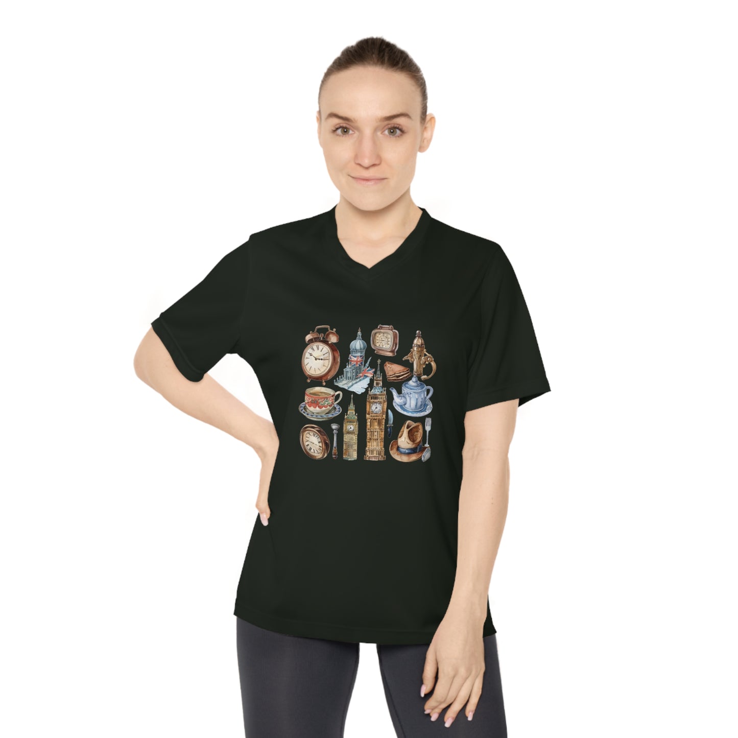 Women's Performance V-Neck T-Shirt - England Travel Icons Artistic Print