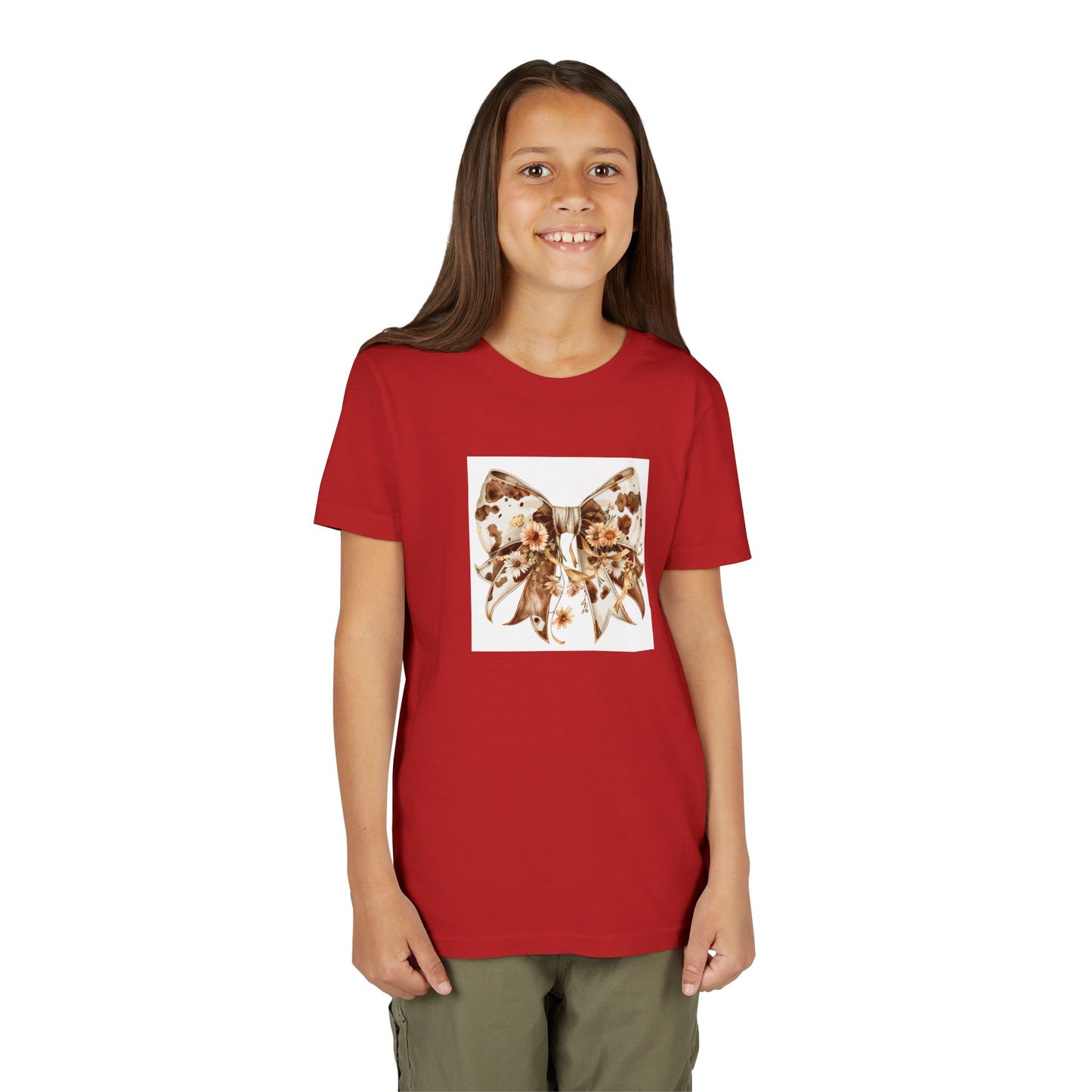 Youth Short Sleeve Tee - Western Cow Print Bow with Floral Accents Clipart - Cute Summer T-Shirt for Kids