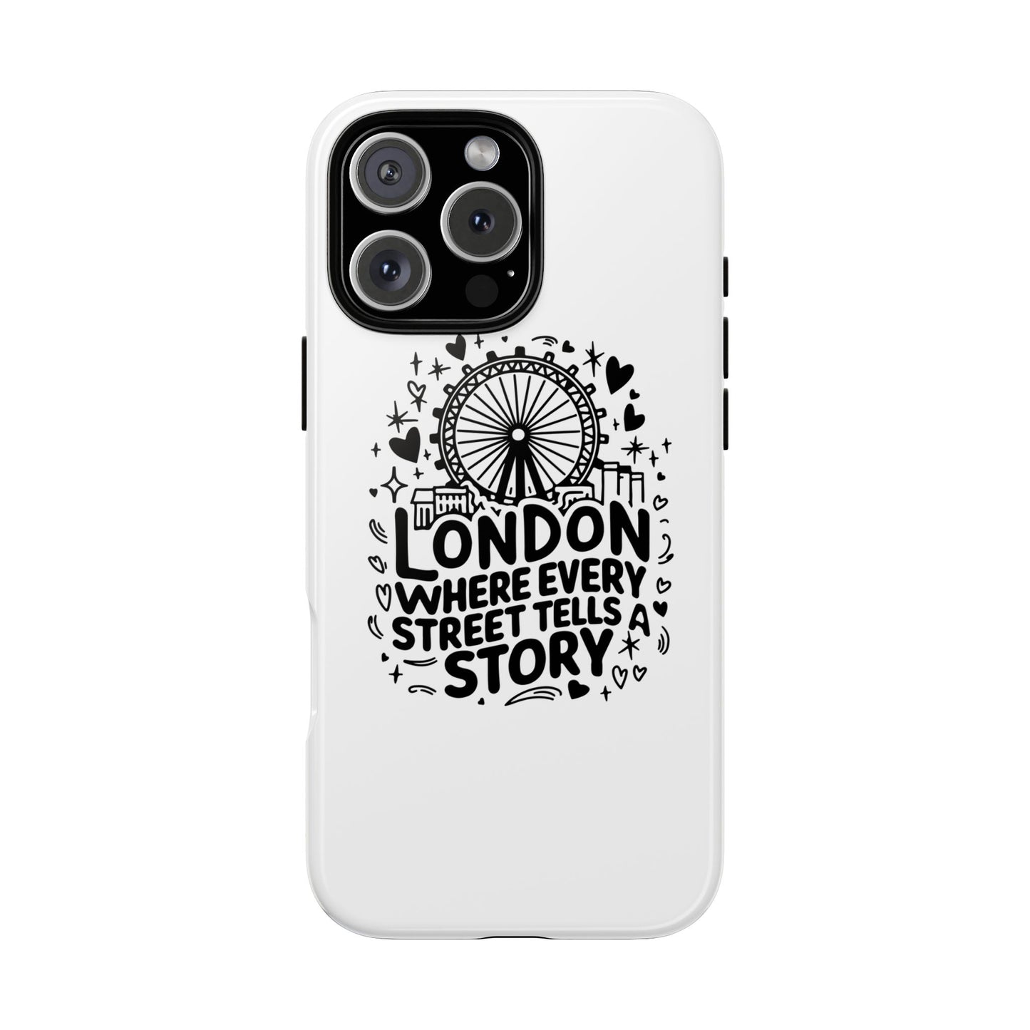 London Story Phone Case, Tough iPhone Cover, Gift for Travelers, London Souvenir, Black Typography Design