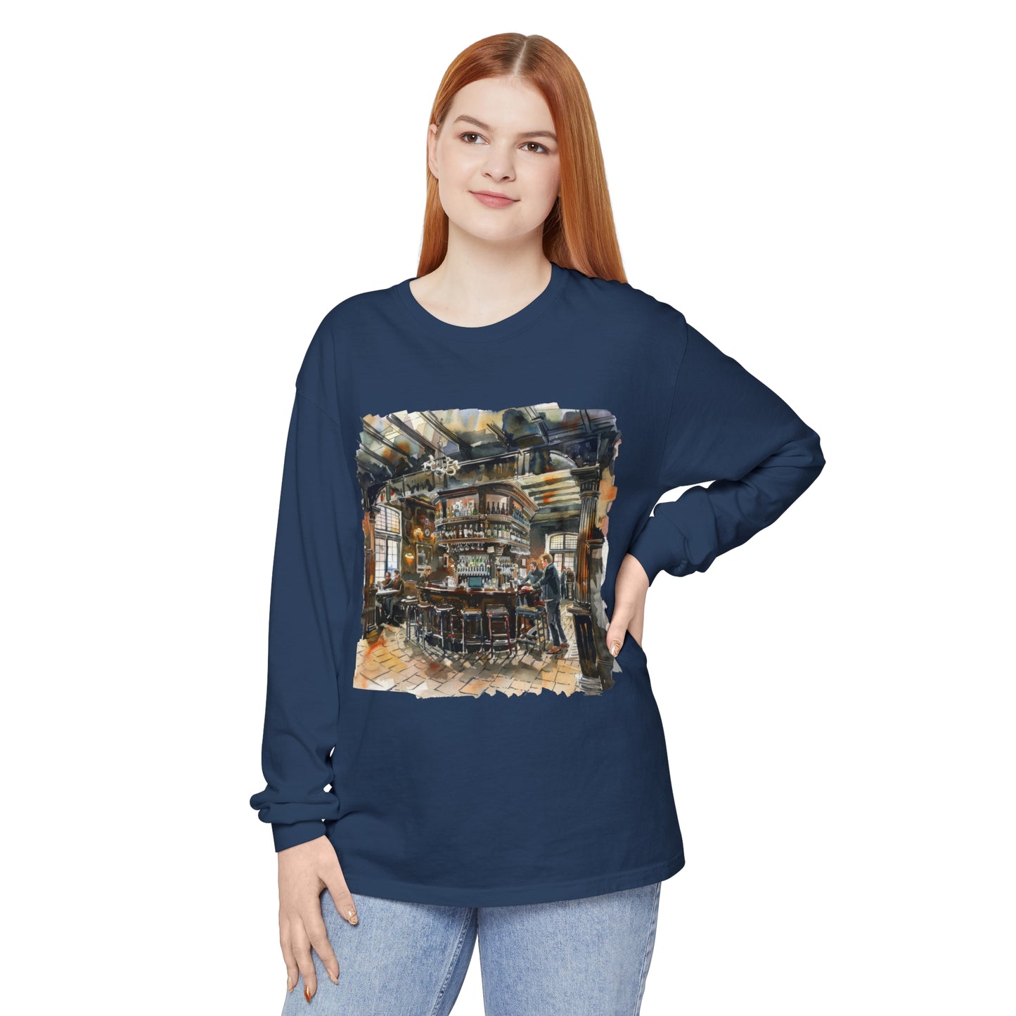 Unisex Garment-dyed Long Sleeve T-Shirt - The Cozy British Pub