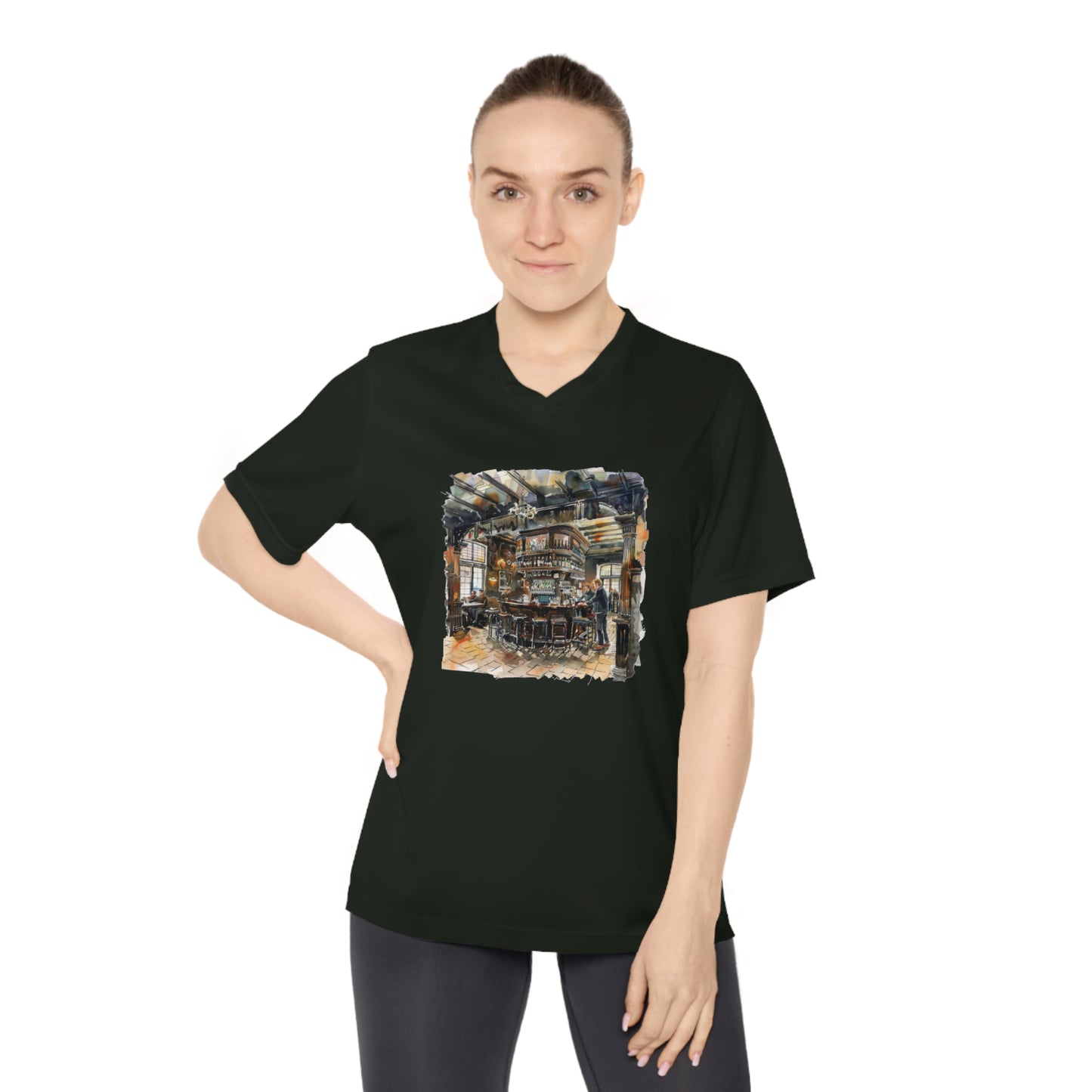 Women's Performance V-Neck T-Shirt - Rustic Bar Interior Watercolor Painting