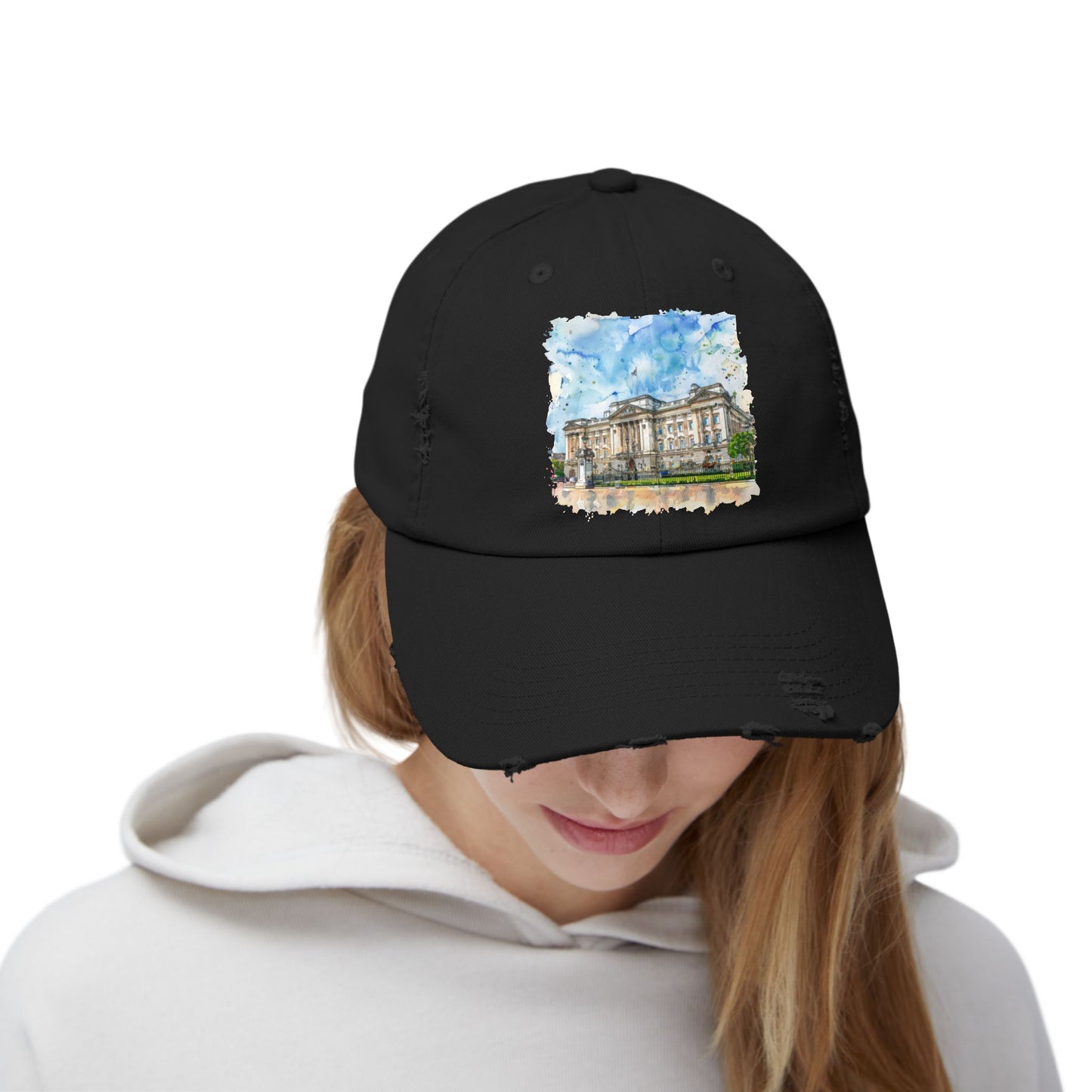 Watercolor Landmark Distressed Cap, Fashion Hat, Streetwear, Travel Gift, Summer Accessory, Vacation Outfit