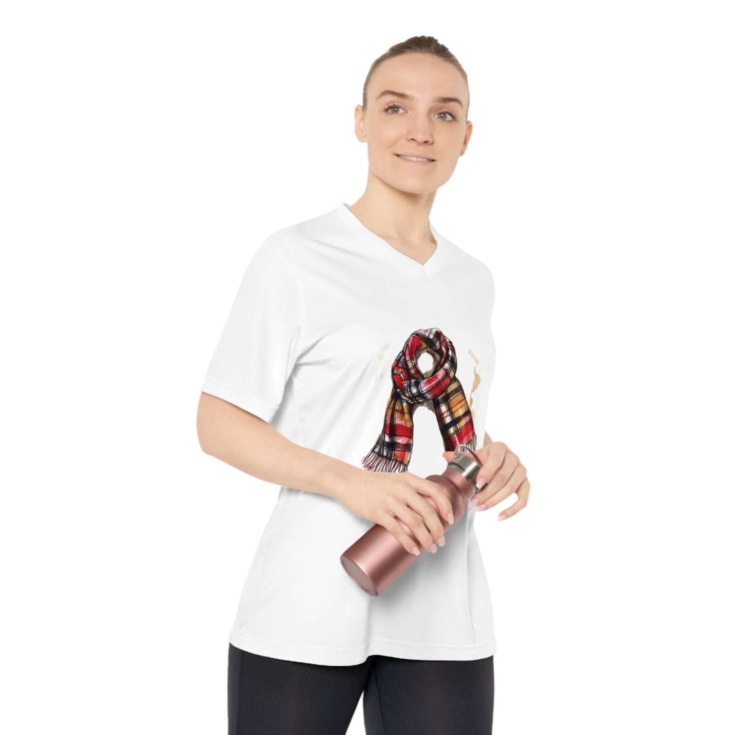 Women's Performance V-Neck T-Shirt - Perfect for Fall & Winter - Cozy Plaid Scarf - Timeless Style and Classic Elegance