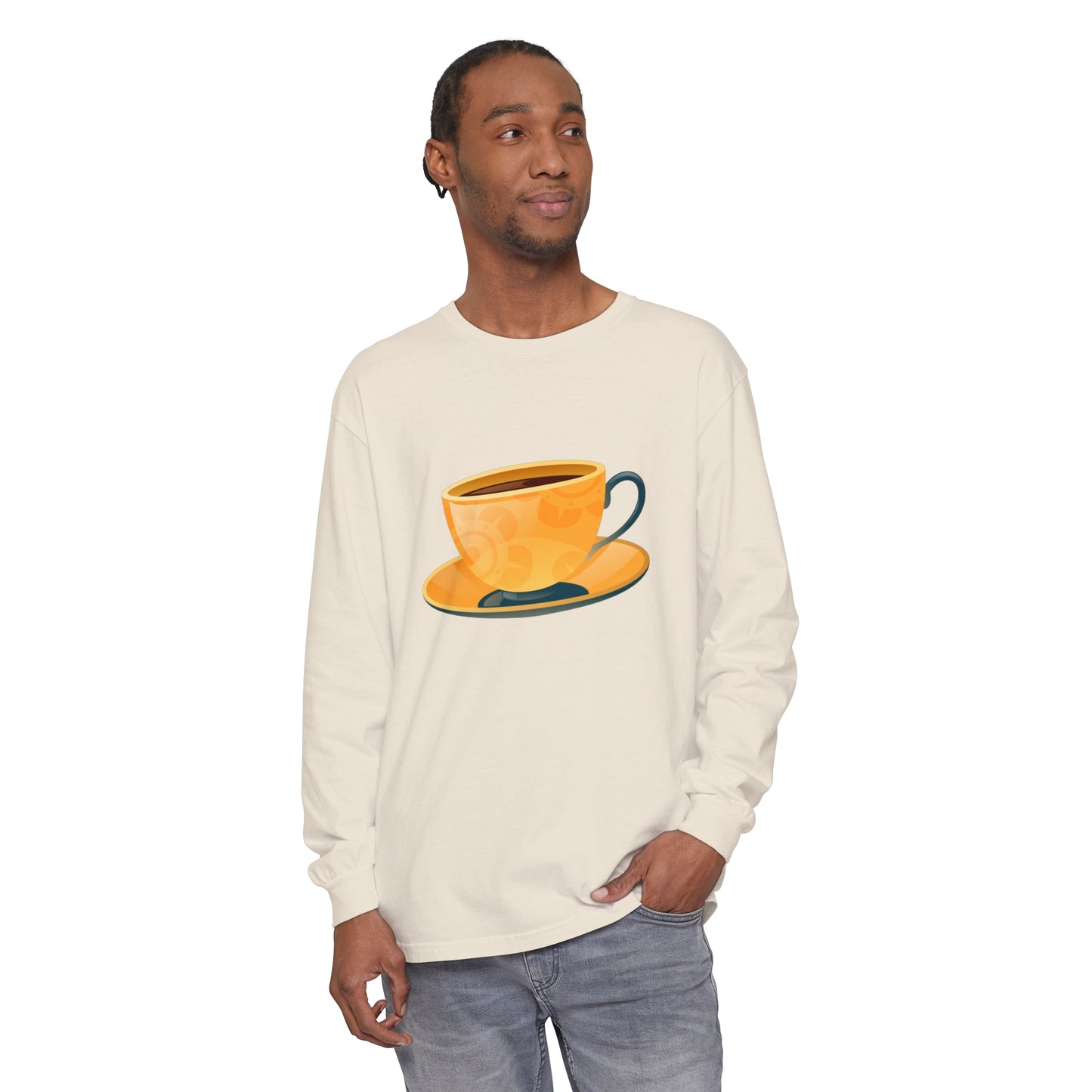 Unisex Garment-dyed Long Sleeve T-Shirt - Elegant British Tea Cup - Classic Tea Time Style