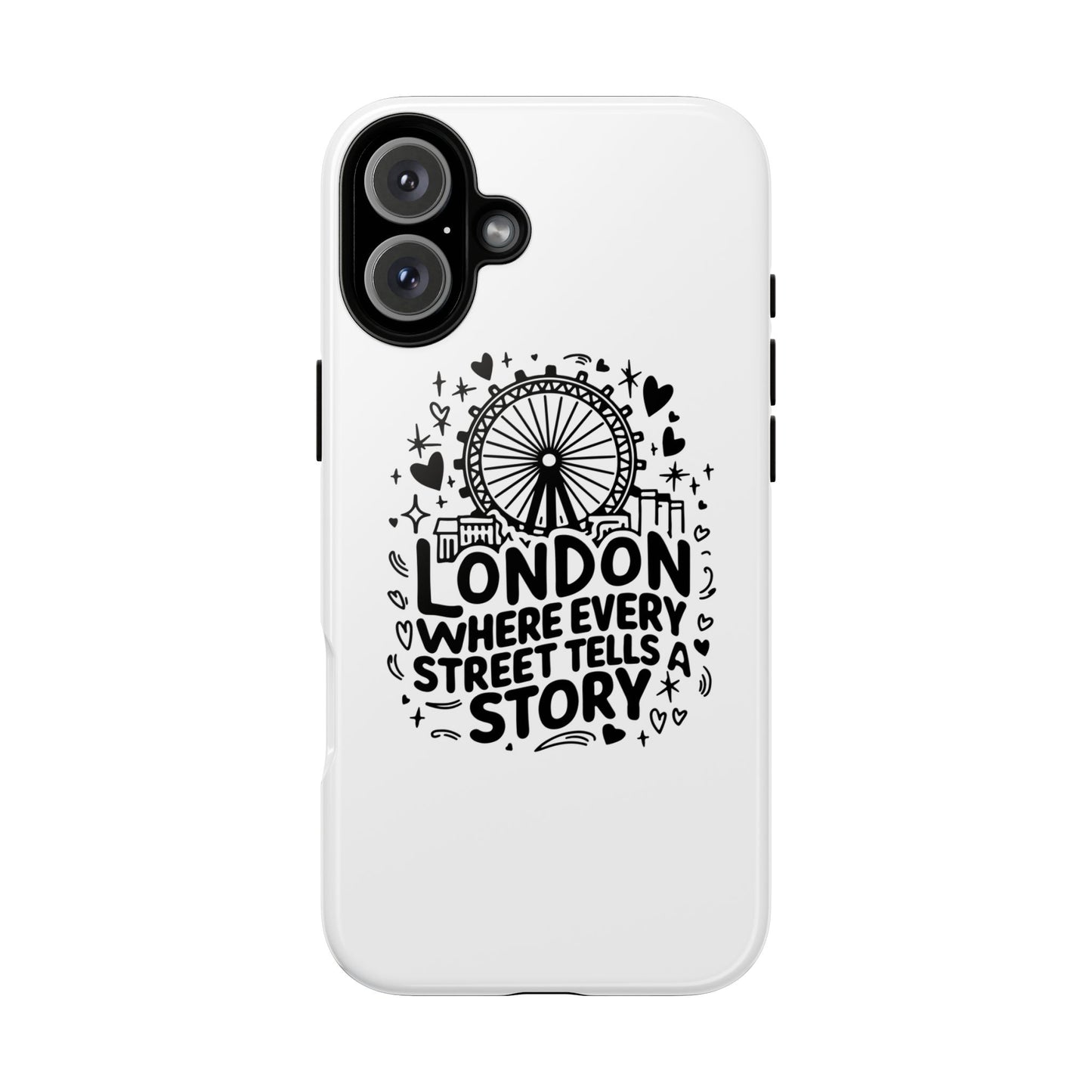 London Story Phone Case, Tough iPhone Cover, Gift for Travelers, London Souvenir, Black Typography Design