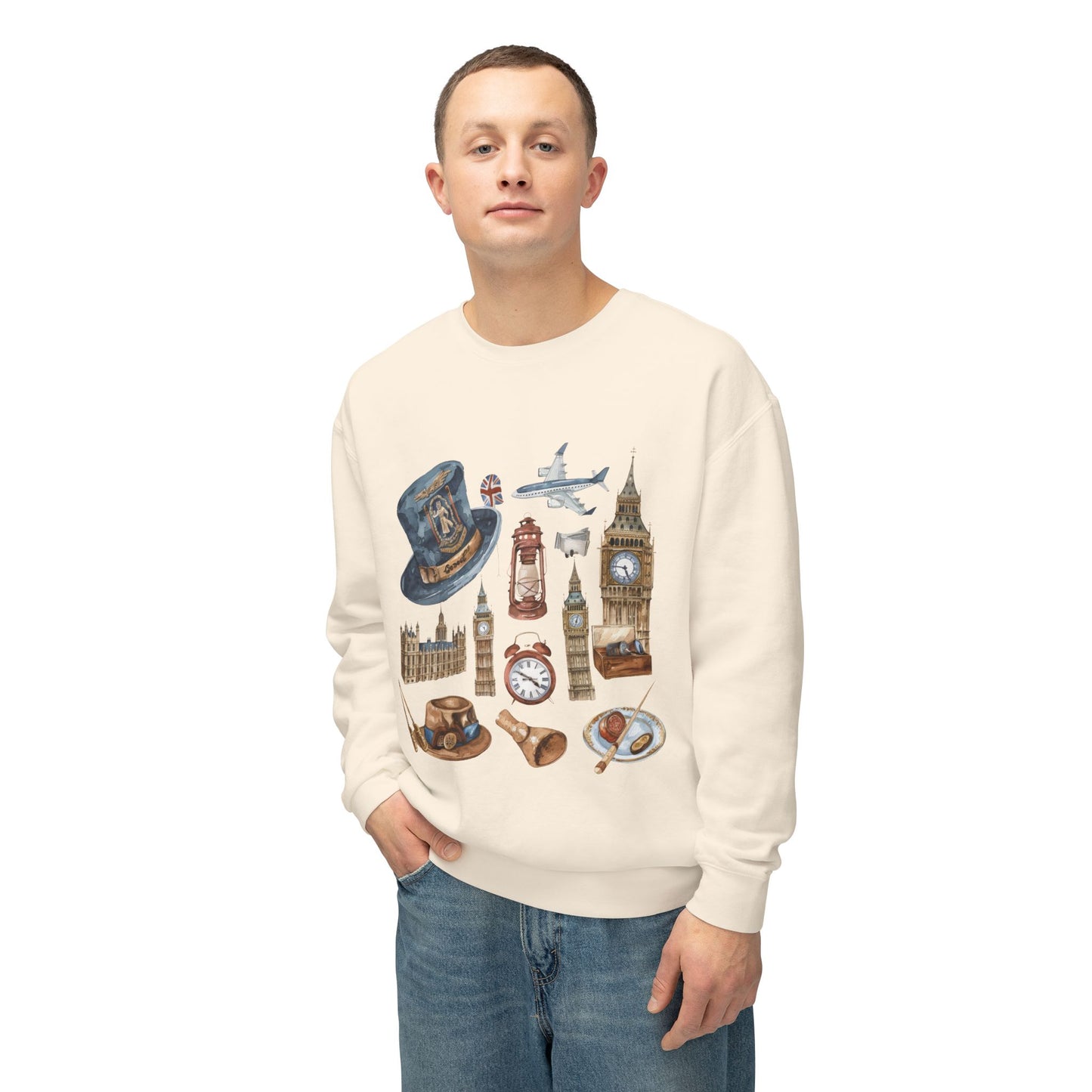 Unisex Lightweight Crewneck Sweatshirt - Vintage England Icons