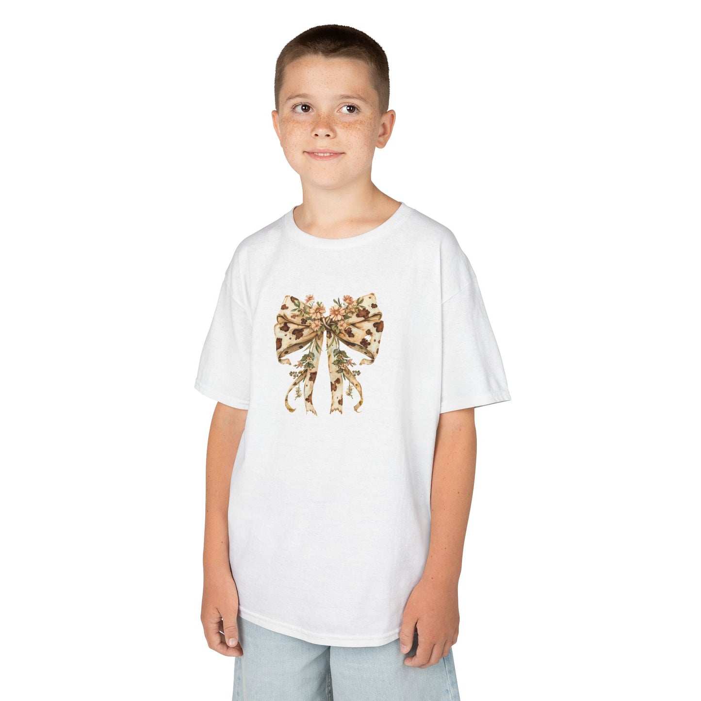 Kids Tee - Boho Western Bow with Flowers and Cow Pattern - Adorable Heavy Cotton T-Shirt for Little Fashionistas