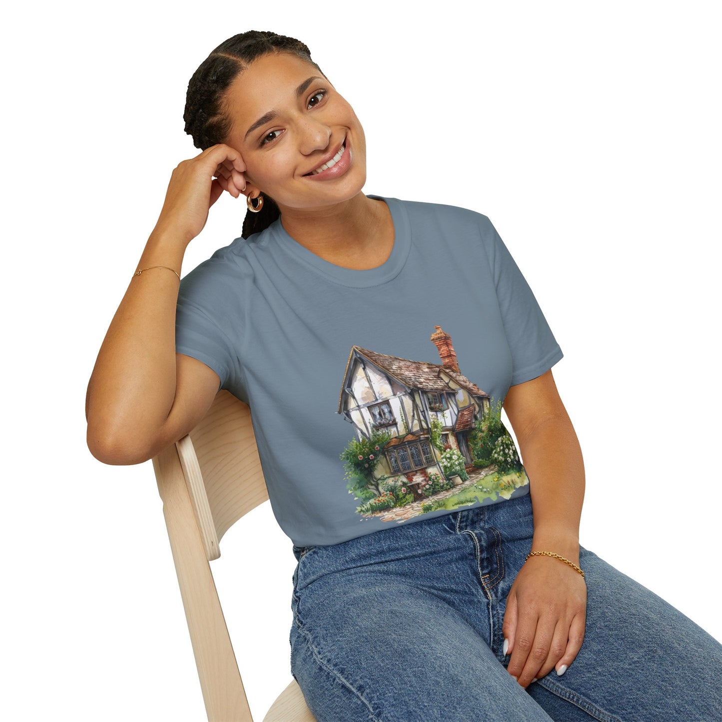 Unisex Softstyle T-Shirt - Rustic Retreat - The Quintessential British Village House