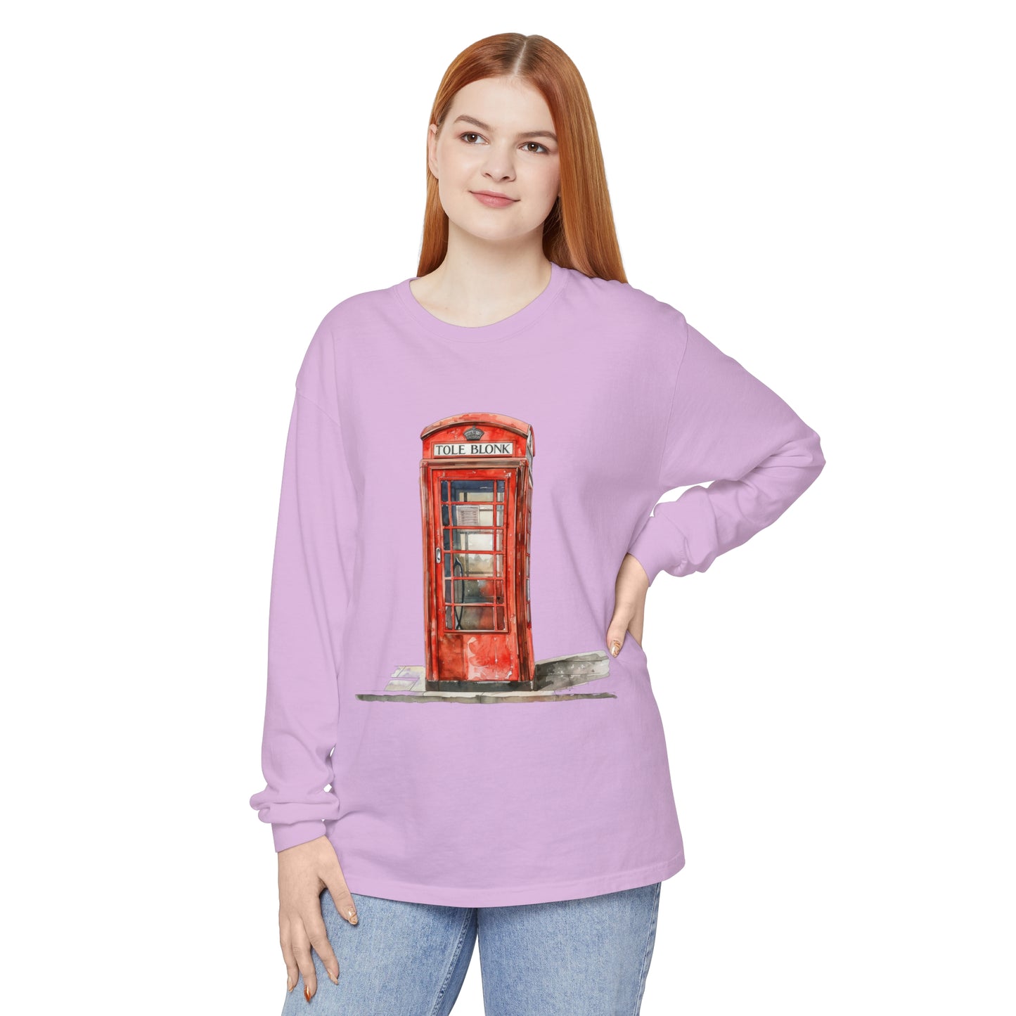 Unisex Garment-dyed Long Sleeve T-Shirt - Iconic British Public Telephone - Classic Red Phone Box Design