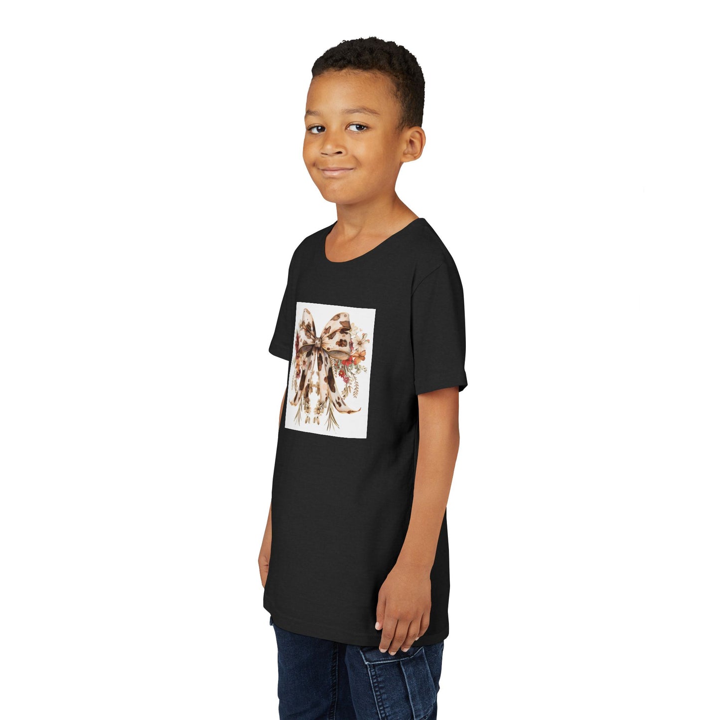 Youth Short Sleeve Tee - Western Floral Bow with Cow Pattern Aesthetic - Cute & Stylish Kids T-Shirt