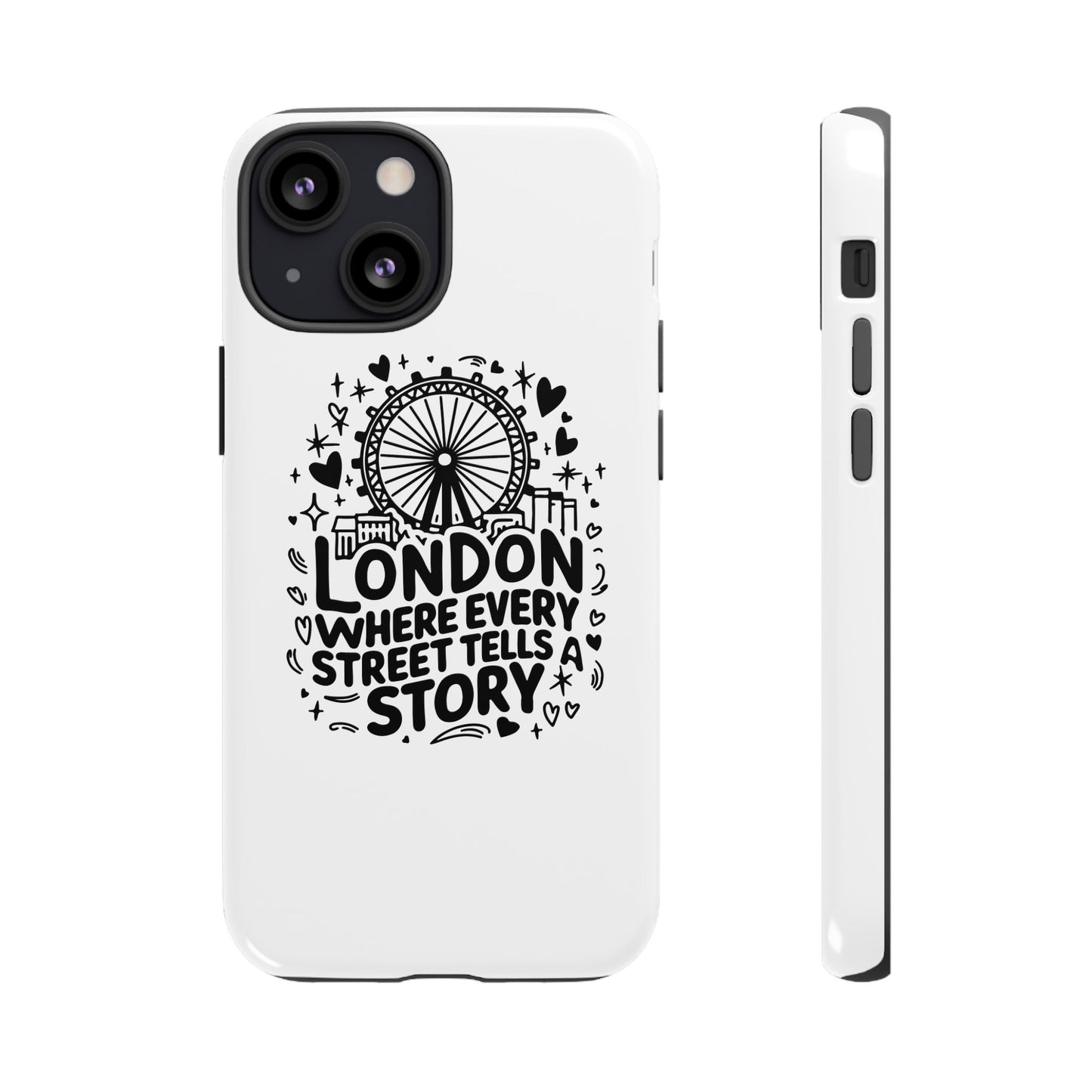London Story Phone Case, Tough iPhone Cover, Gift for Travelers, London Souvenir, Black Typography Design