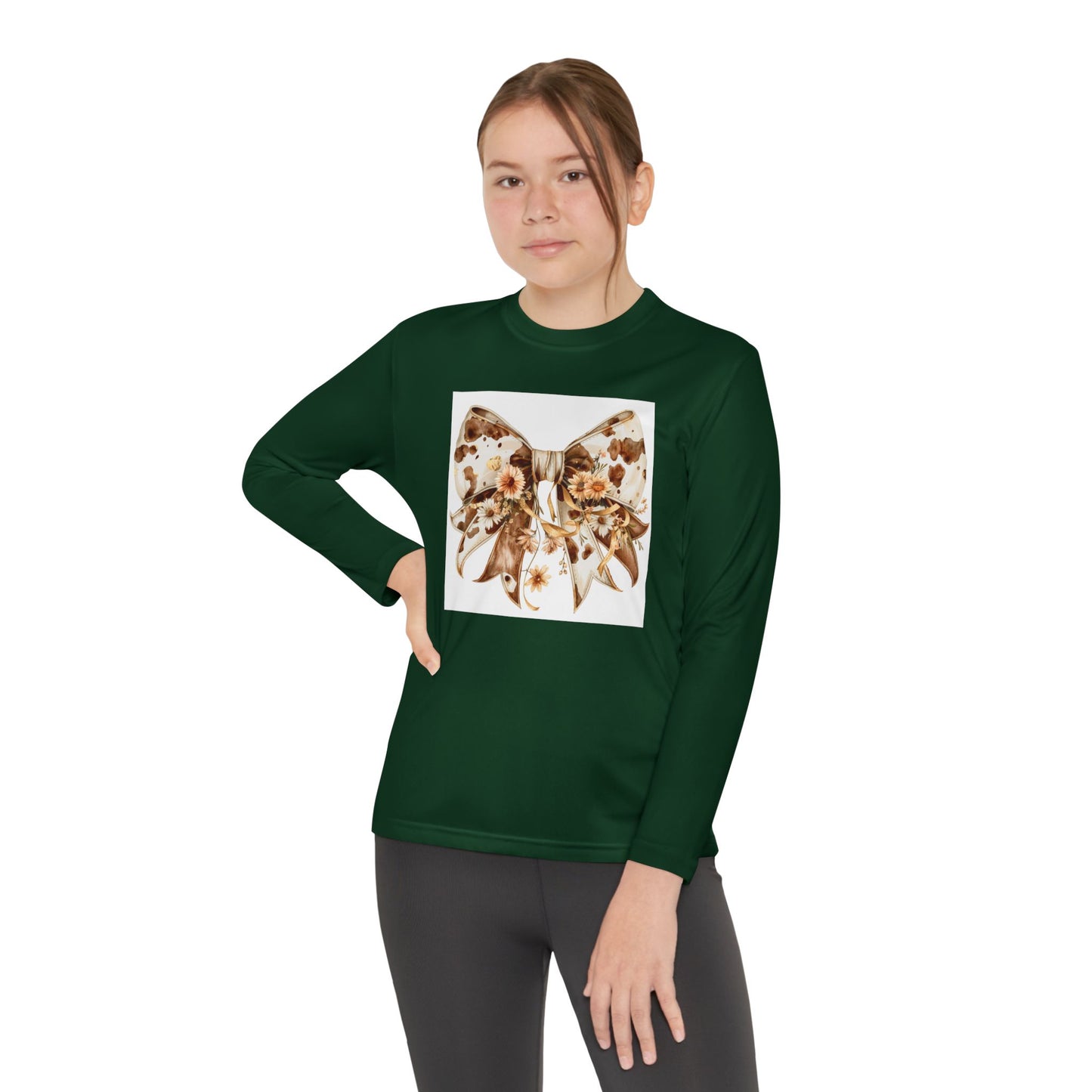 Youth Long Sleeve Tee - Western Cow Print Bow with Floral Accents Clipart - Stylish & Comfortable