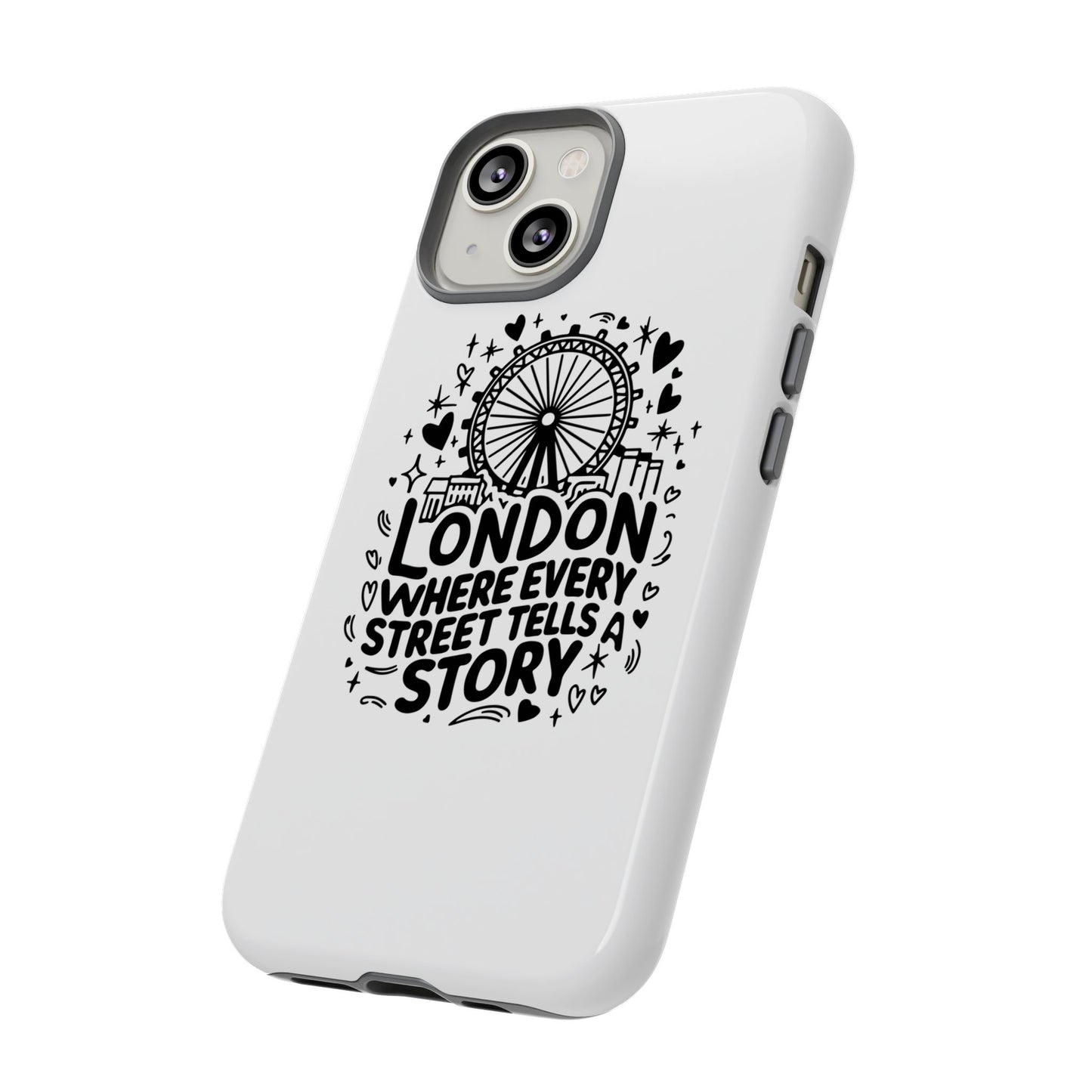 London Story Phone Case, Tough iPhone Cover, Gift for Travelers, London Souvenir, Black Typography Design