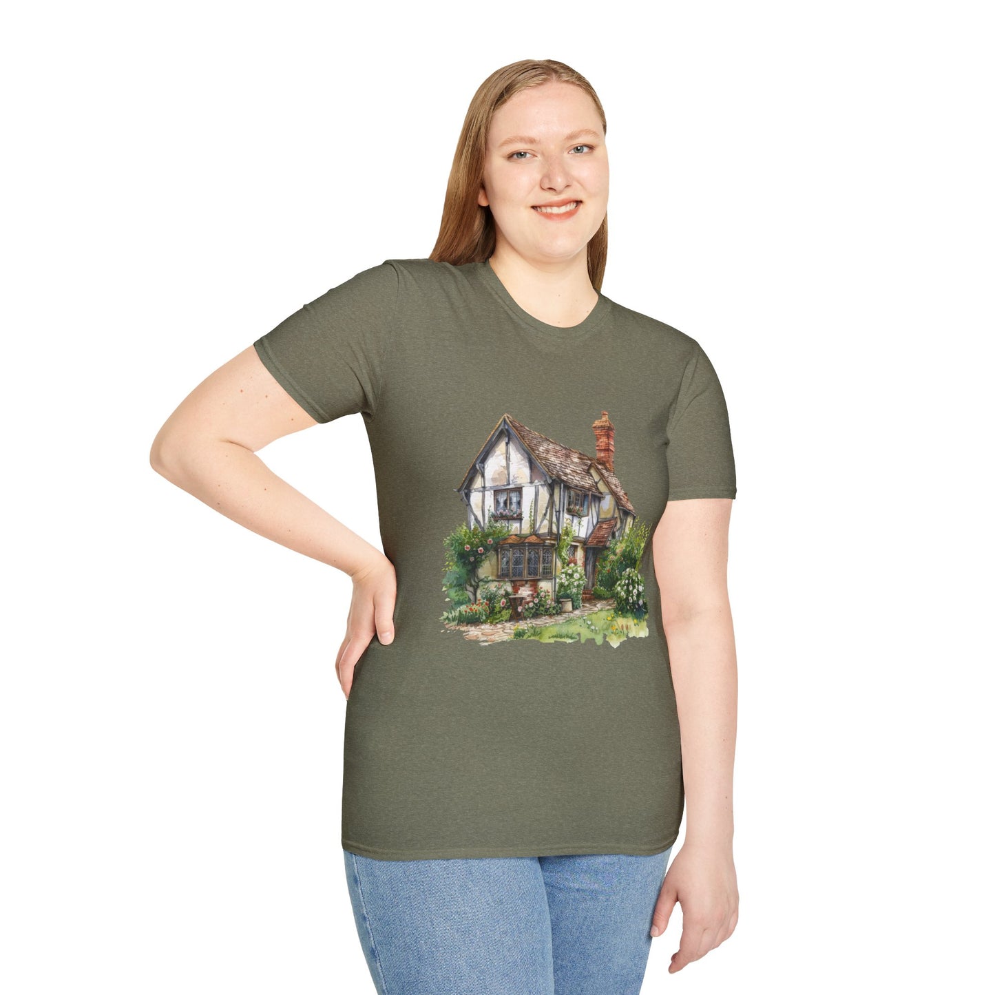 Unisex Softstyle T-Shirt - Rustic Retreat - The Quintessential British Village House
