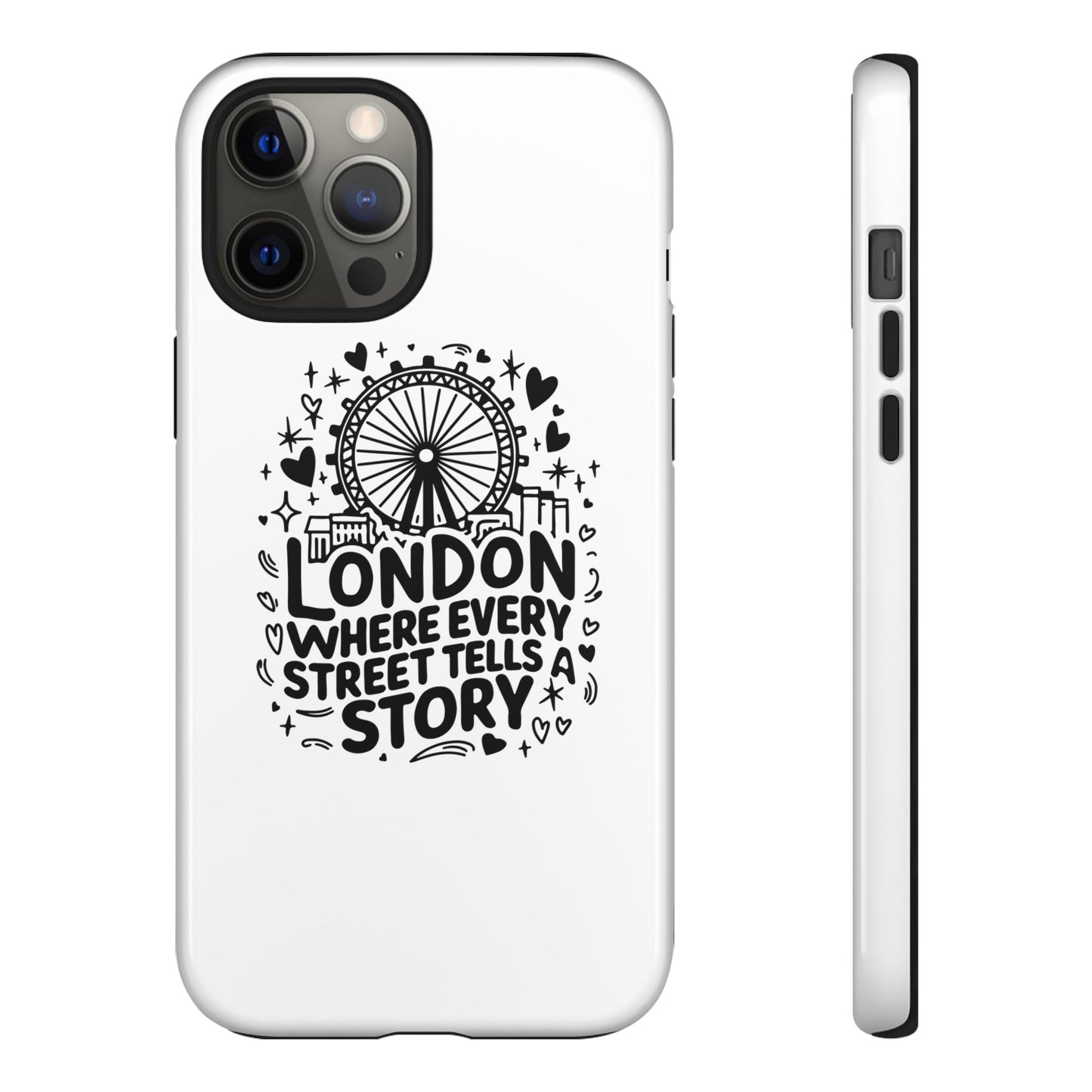 London Story Phone Case, Tough iPhone Cover, Gift for Travelers, London Souvenir, Black Typography Design