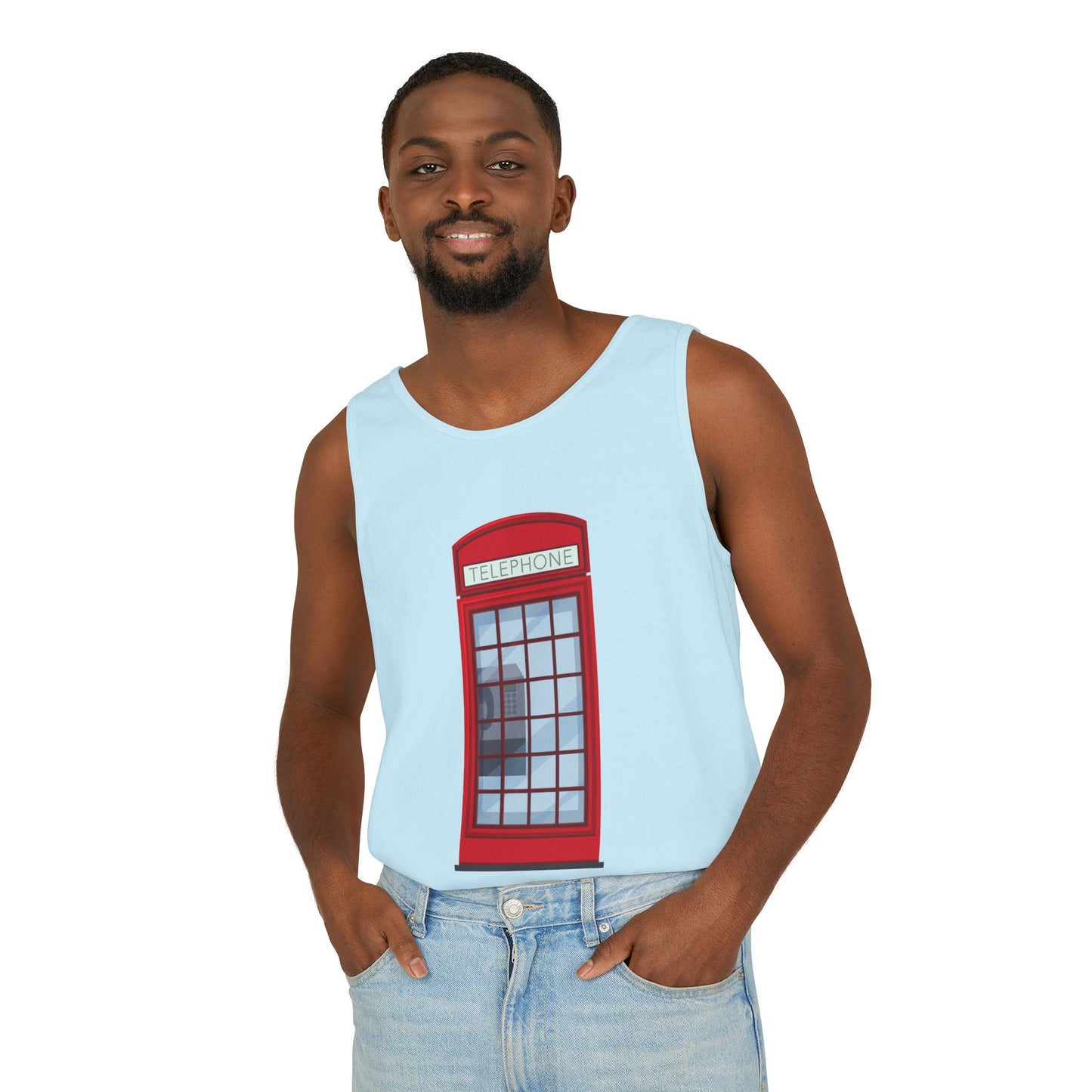 Unisex Garment-Dyed Tank Top - Iconic British Public Telephone - Classic Red Phone Box
