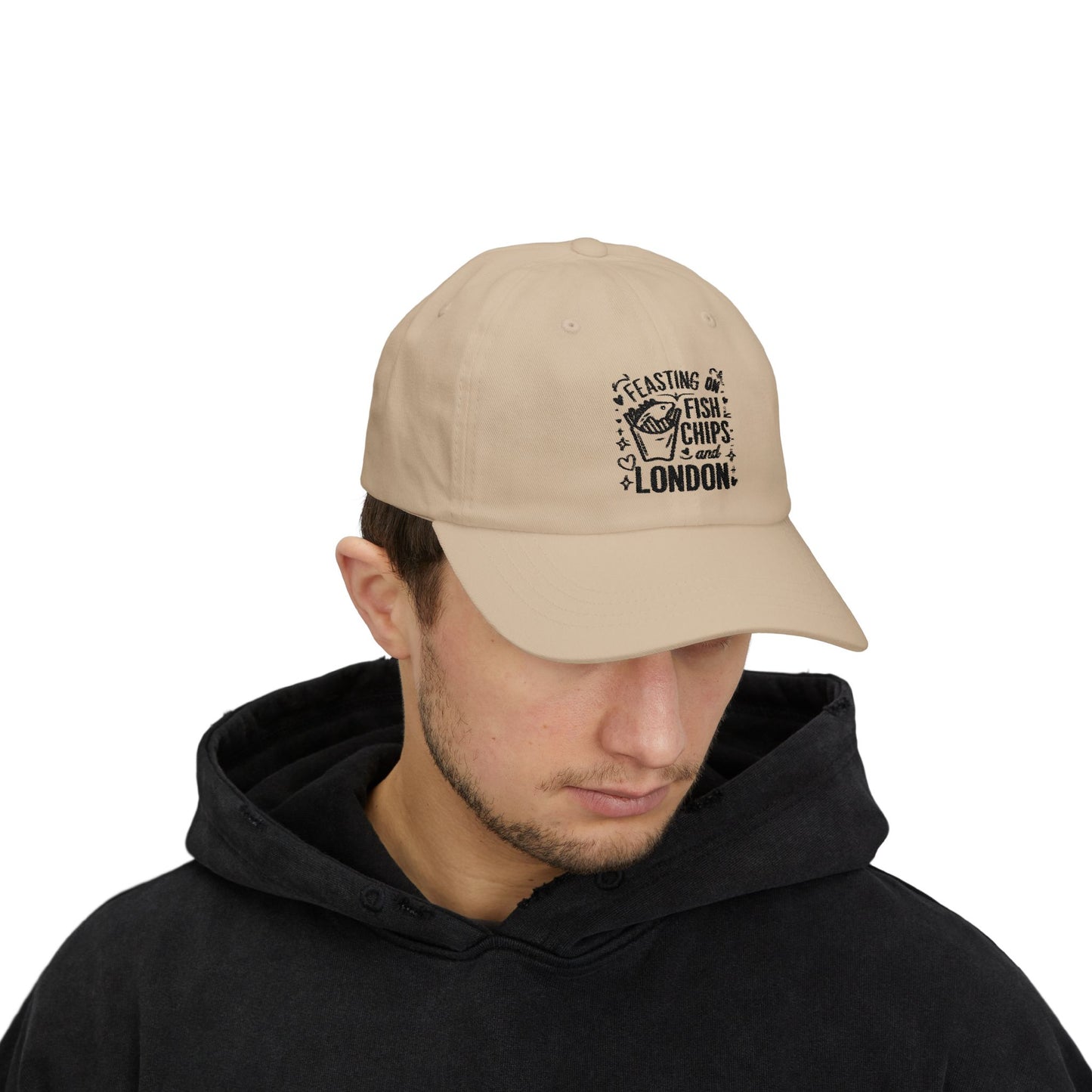 Feasting on Fish and Chips Dad Cap, Fun White Baseball Hat, Gift for Food Lovers, Summer Accessory, London-Inspired Headwear