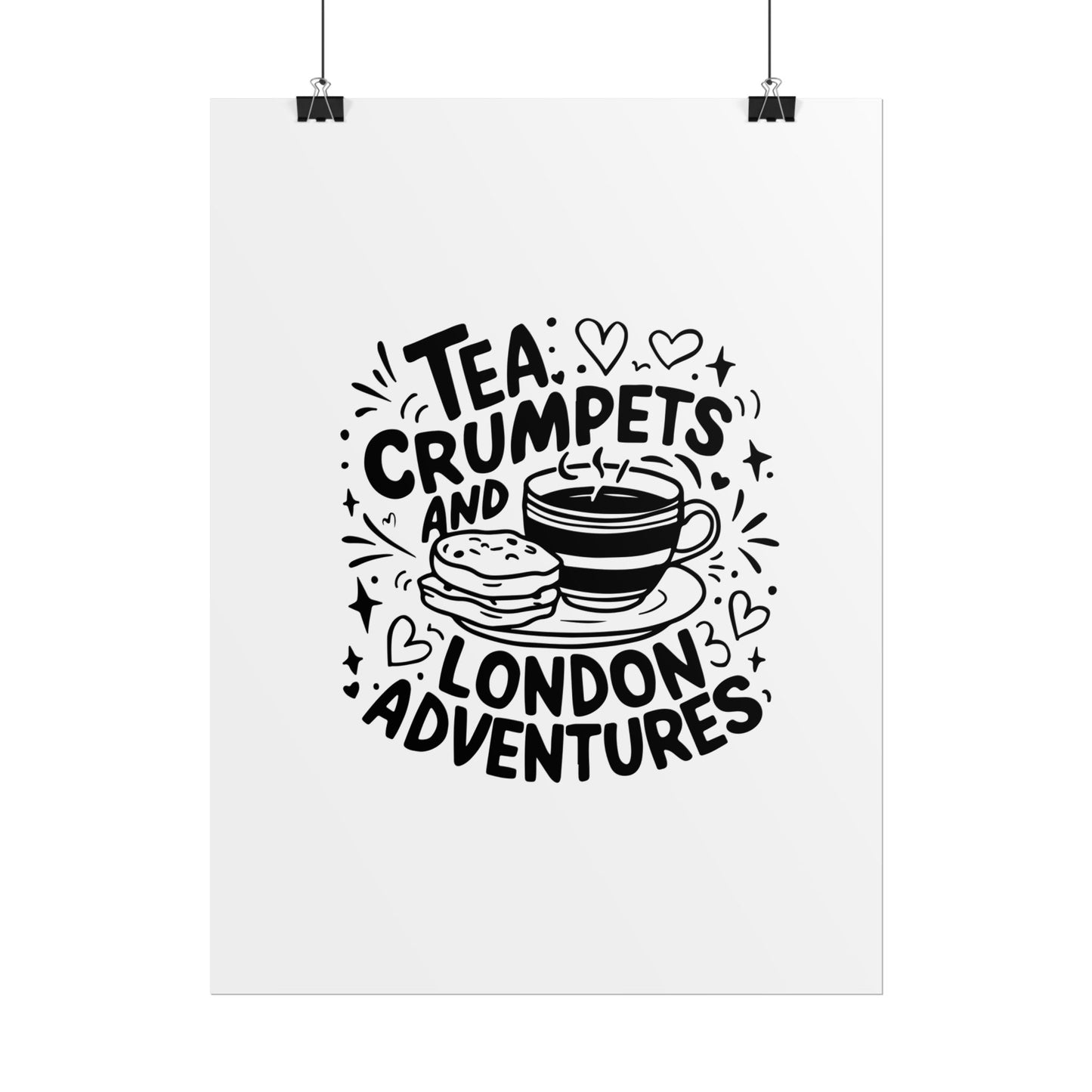 London Adventure Tea Crumpet Rolled Poster, Cute Wall Art, Gift for Tea Lovers, Home Decor, Travel Enthusiasts