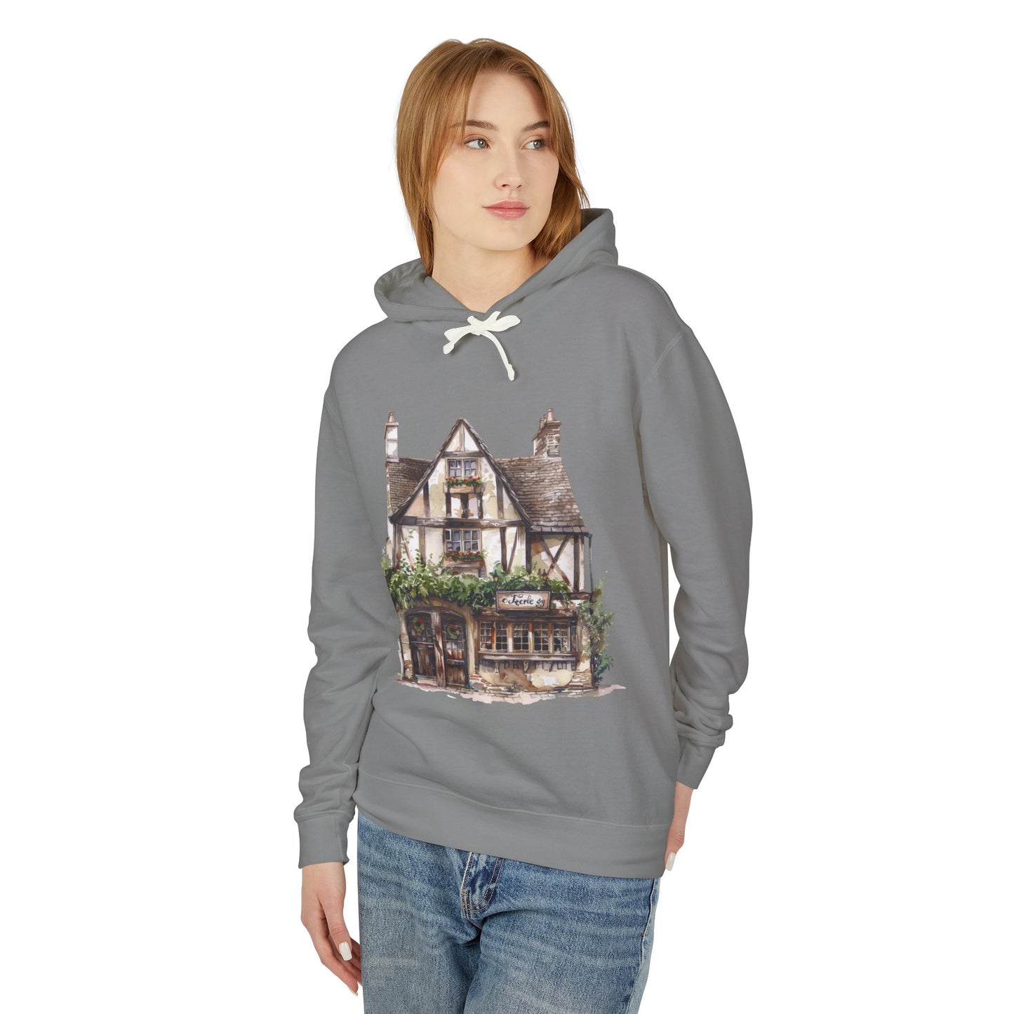 Unisex Lightweight Hooded Sweatshirt - Village Serenity - The Classic English Countryside Home