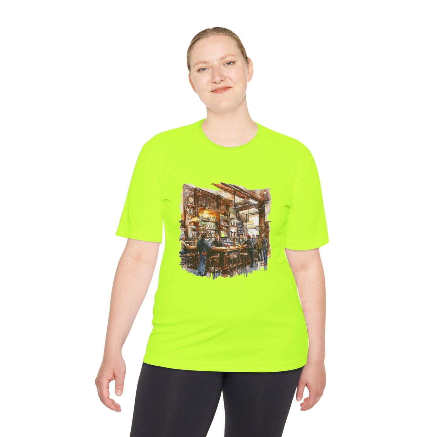 Unisex Moisture Wicking Tee - Rustic Bar Interior Watercolor Painting