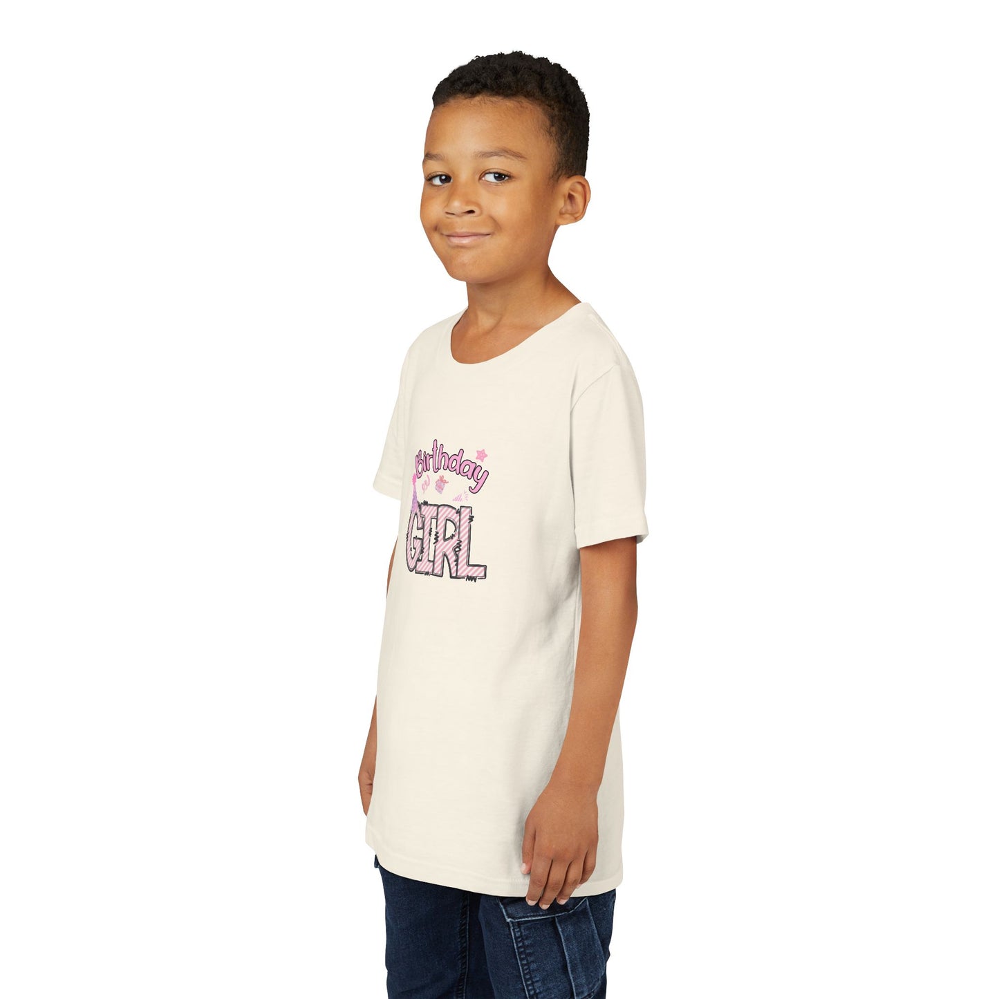Youth Short Sleeve Tee - Birthday Girl Clipart with Wild Animal Print - Fun Celebration T-Shirt for Kids