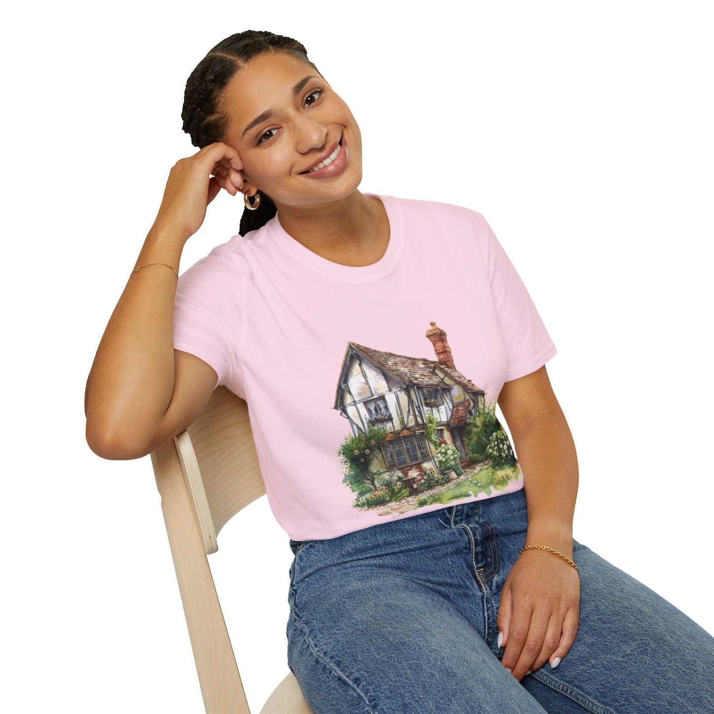 Unisex Softstyle T-Shirt - Rustic Retreat - The Quintessential British Village House