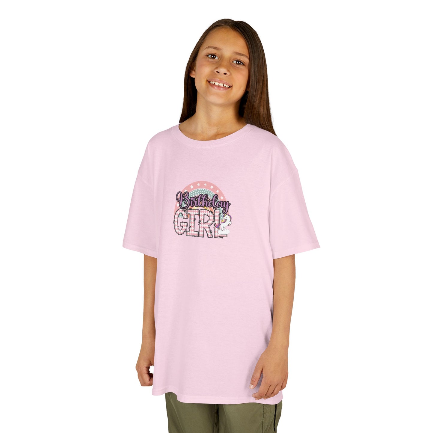 Kids Heavy Cotton Tee - Stylish Birthday Girl Rainbow Clipart PNG - Fun Celebration Shirt for Birthday Parties