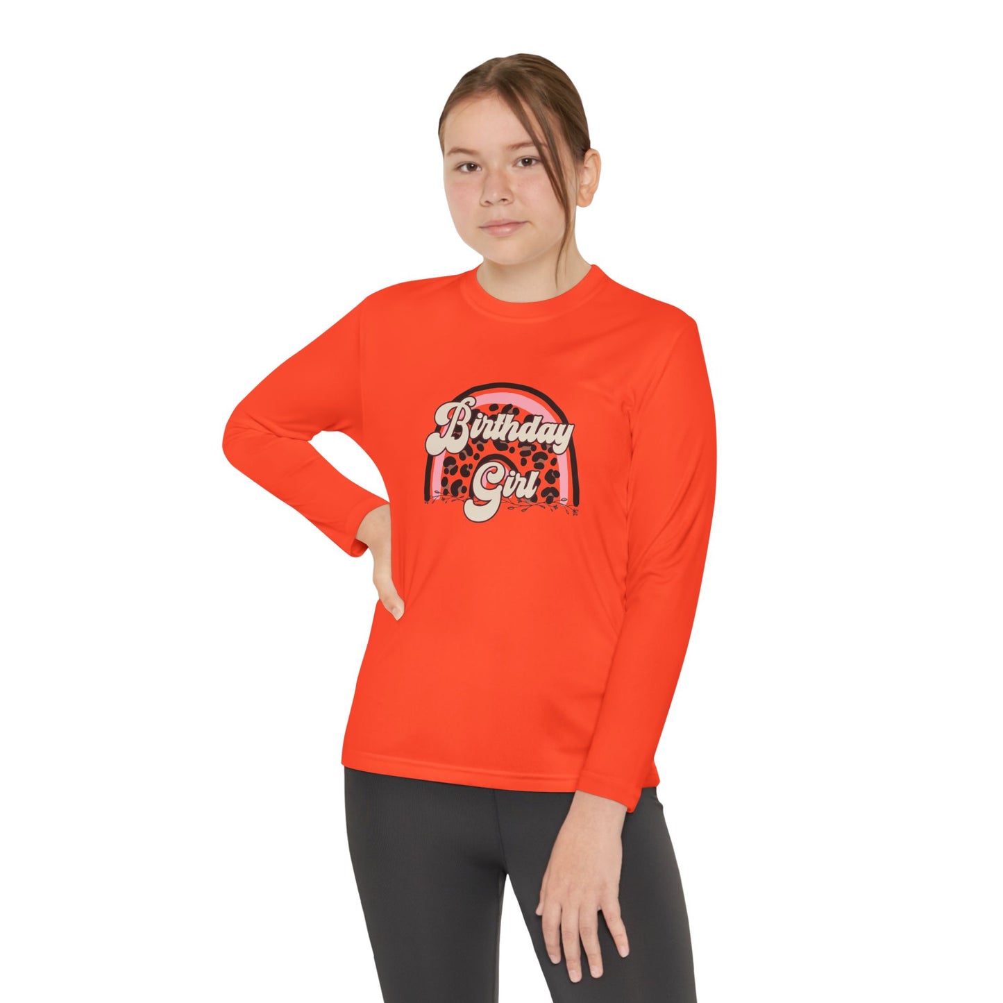 Youth Long Sleeve Tee - Birthday Girl Leopard Print Rainbow Clipart - Fun Celebration Shirt for Kids