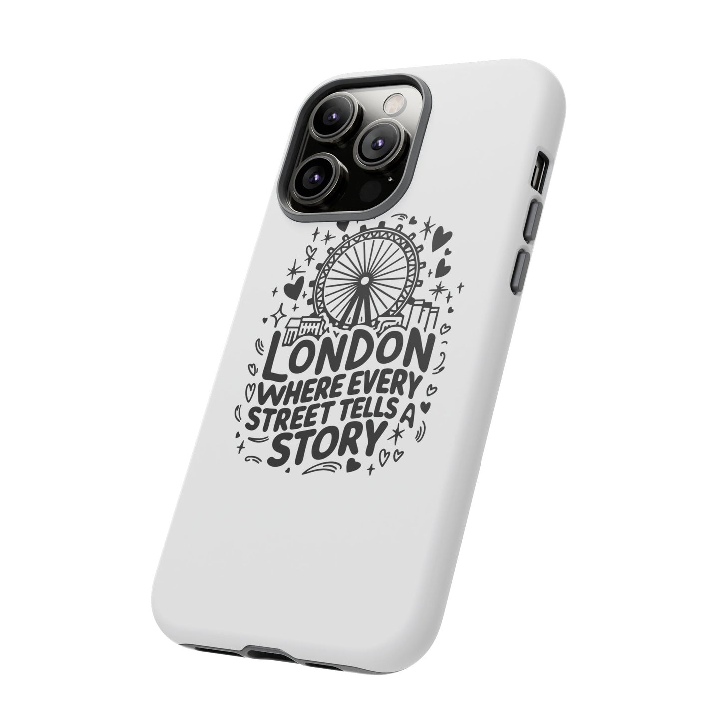 London Story Phone Case, Tough iPhone Cover, Gift for Travelers, London Souvenir, Black Typography Design