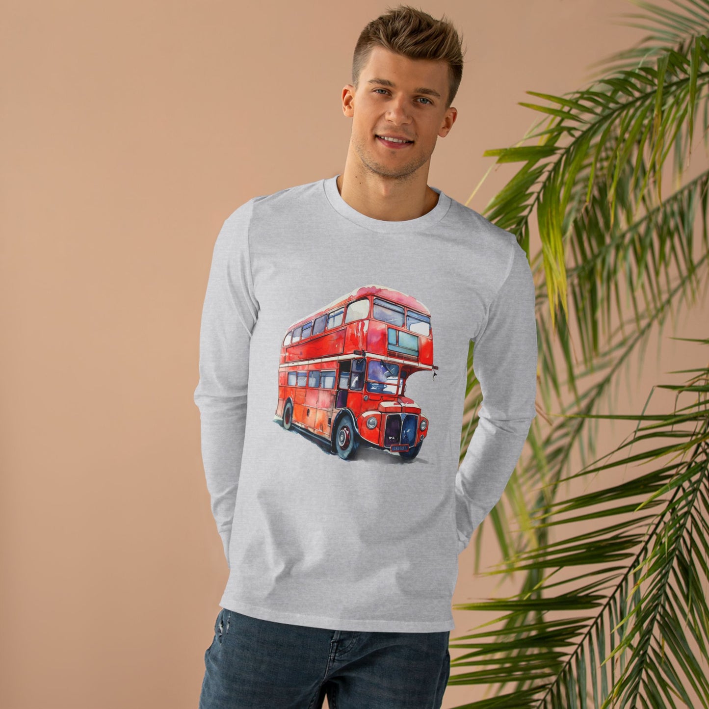 Men’s Base Longsleeve Tee - London Transport English Bus - Iconic Red Double-Decker