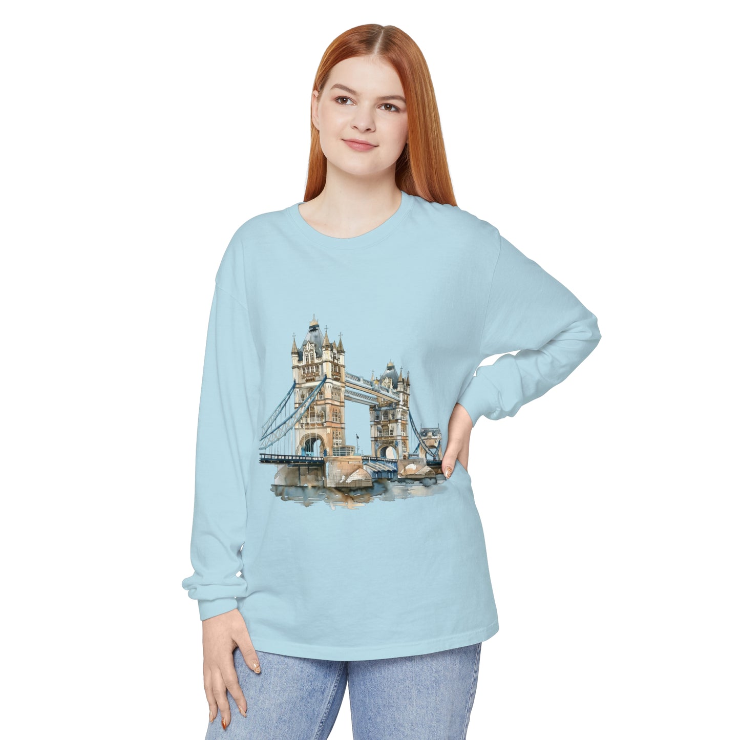 Unisex Garment-dyed Long Sleeve T-Shirt - London Bridge - Iconic Landmark and Historical Beauty