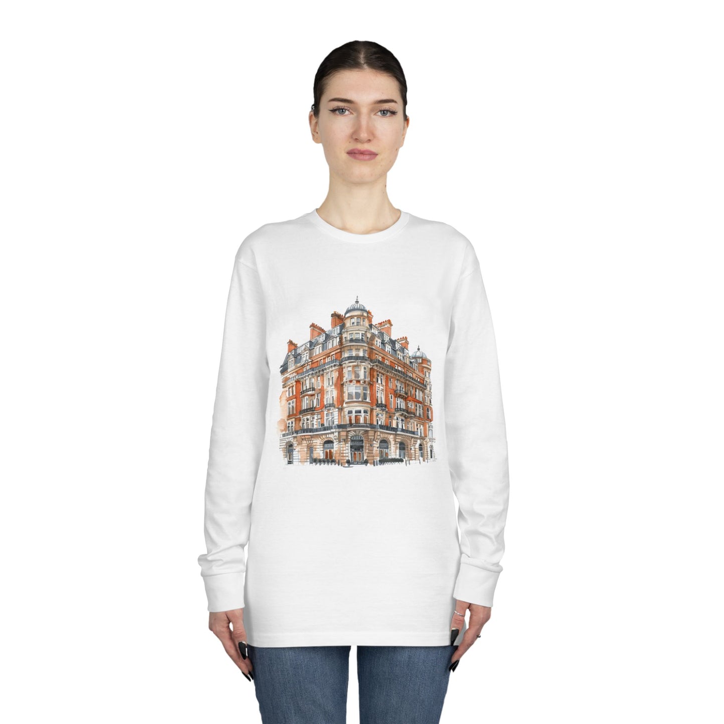 Long Sleeve Crewneck Tee - Classic British Architecture - Elegant Historic Building"