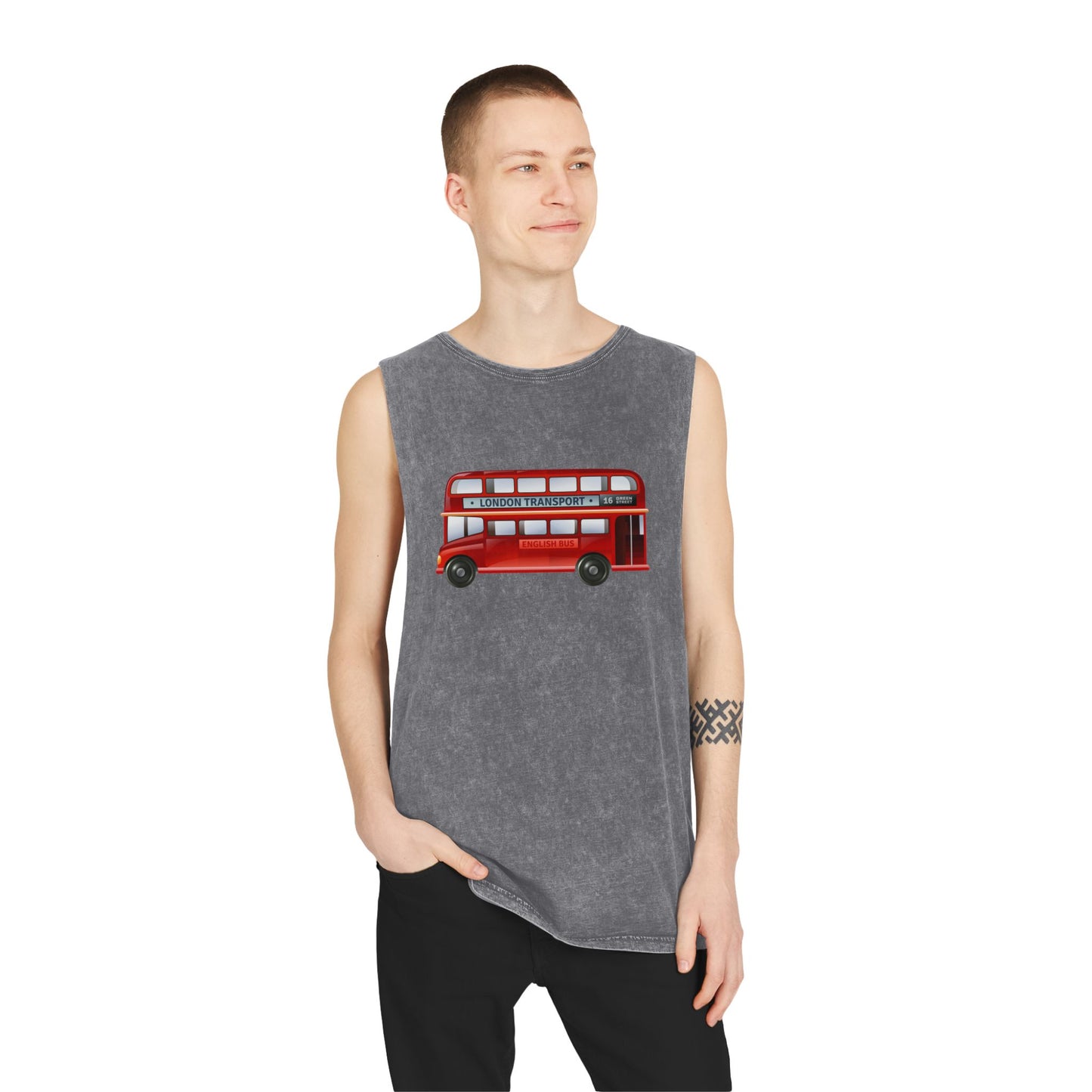 Unisex Stonewash Tank Top - London Transport English Bus - Iconic Red Double-Decker