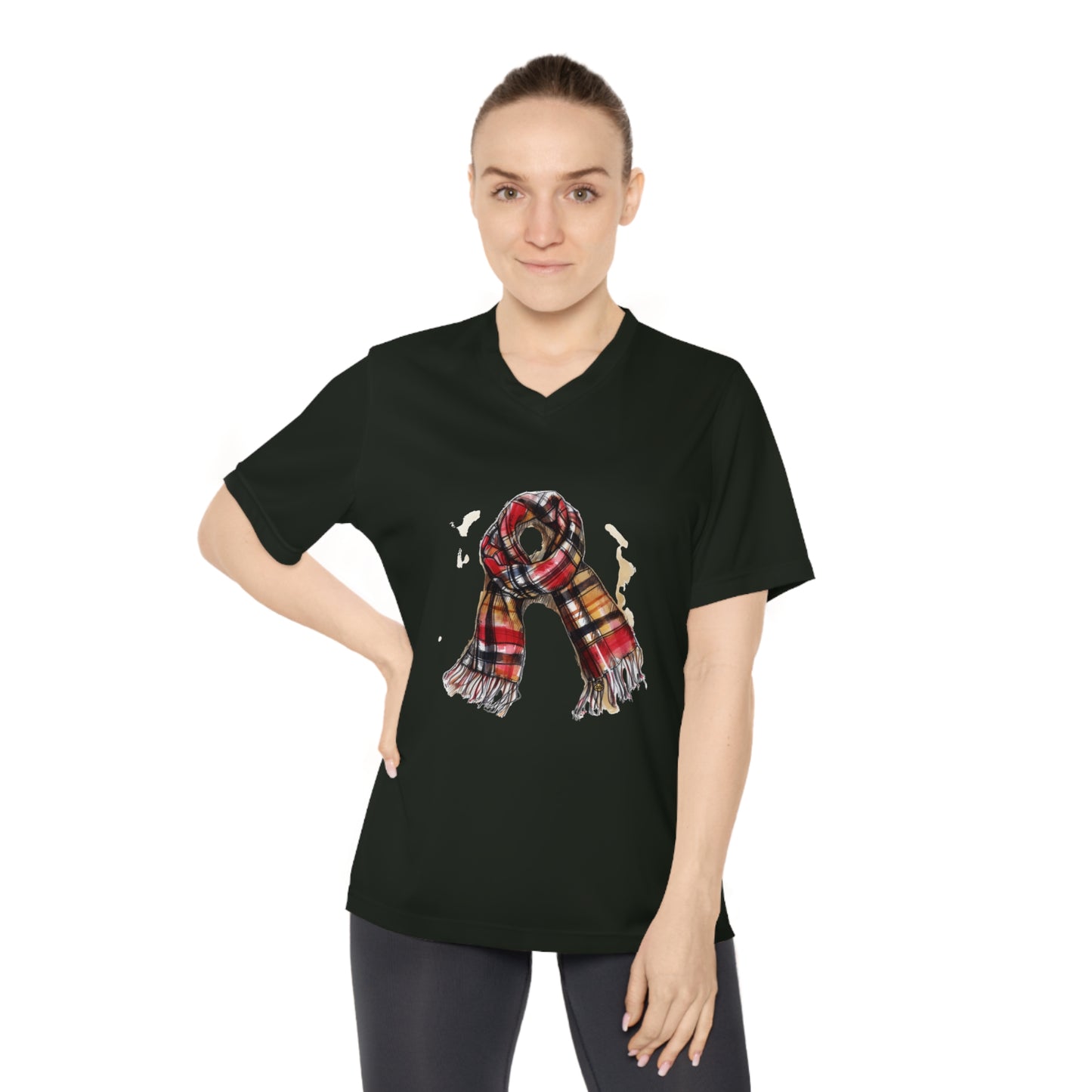Women's Performance V-Neck T-Shirt - Perfect for Fall & Winter - Cozy Plaid Scarf - Timeless Style and Classic Elegance