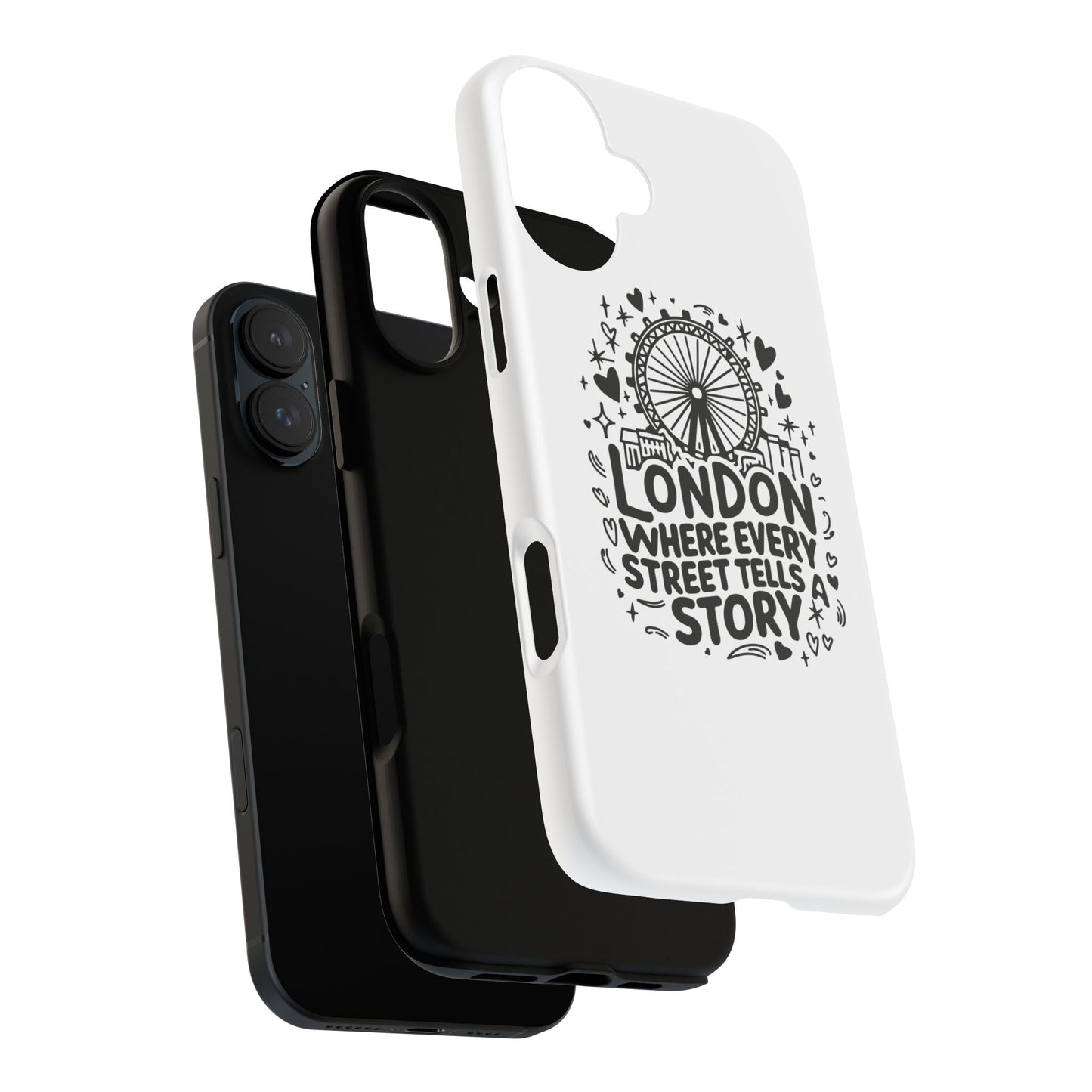 London Story Phone Case, Tough iPhone Cover, Gift for Travelers, London Souvenir, Black Typography Design