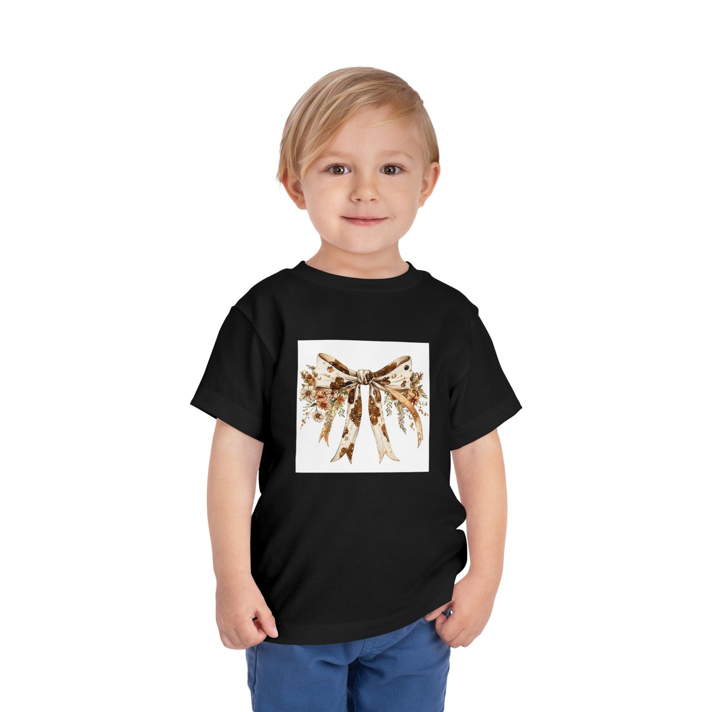 Toddler Short Sleeve Tee - Boho Western Bow with Flowers and Cow Pattern - Cute Kids Apparel for Celebrations
