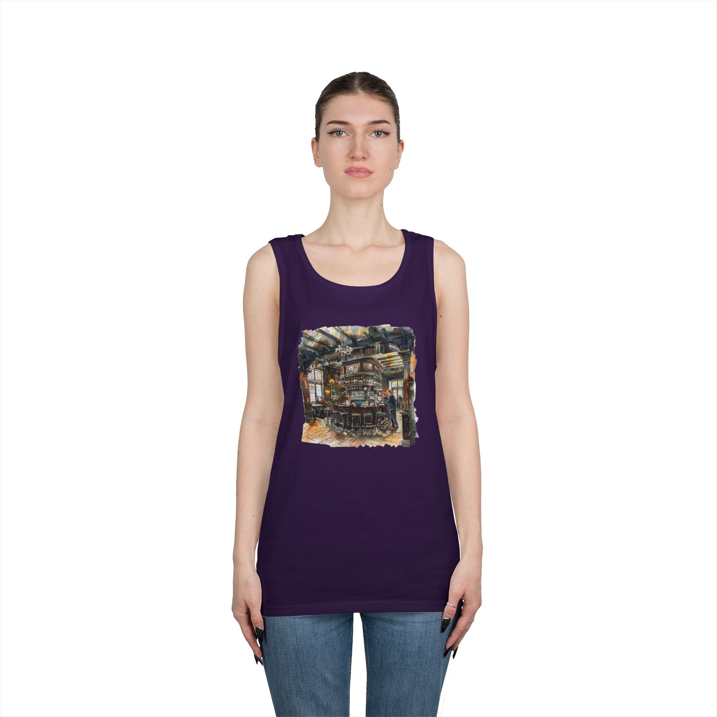 Unisex Heavy Cotton Tank Top - Rustic Bar Interior Watercolor Painting