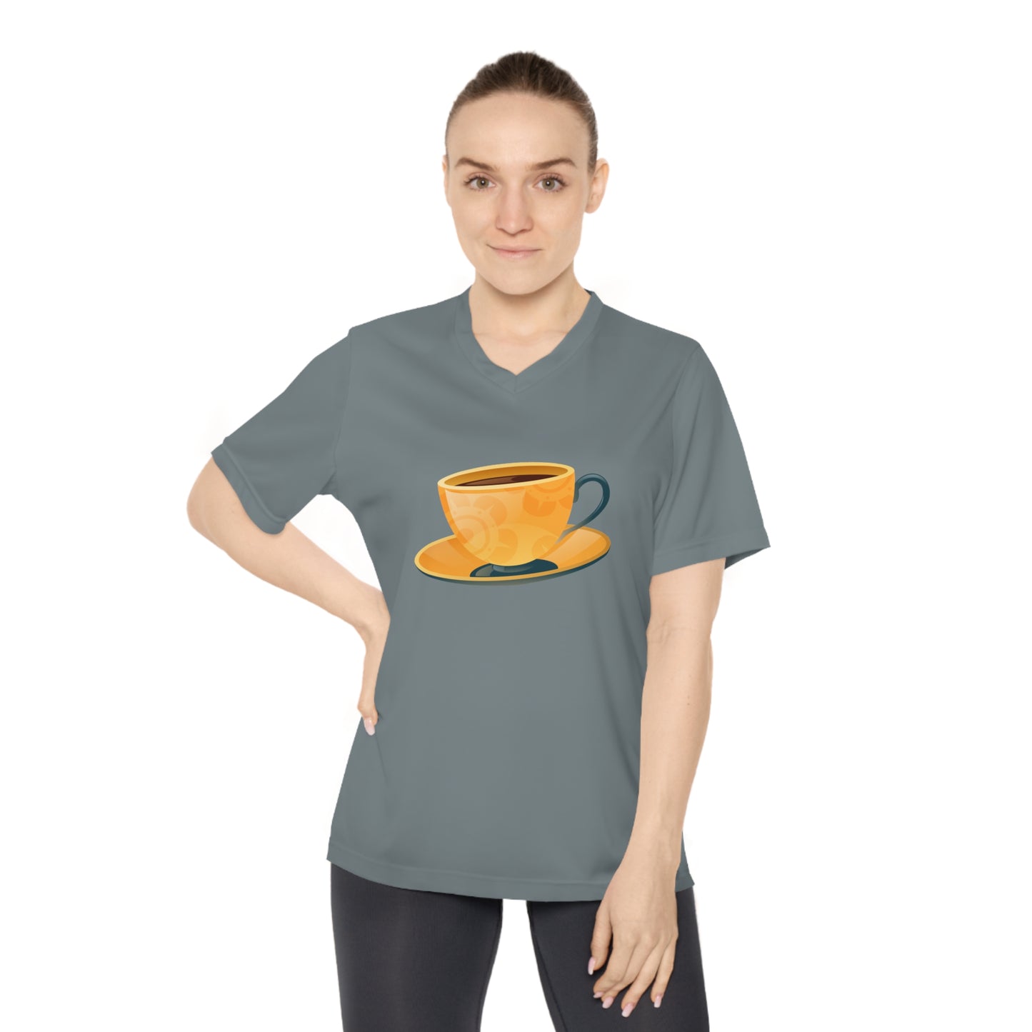 Women's Performance V-Neck T-Shirt - Perfect for Active Days - Coffee Lover - Elegant British Tea Cup - Classic Tea Time Style