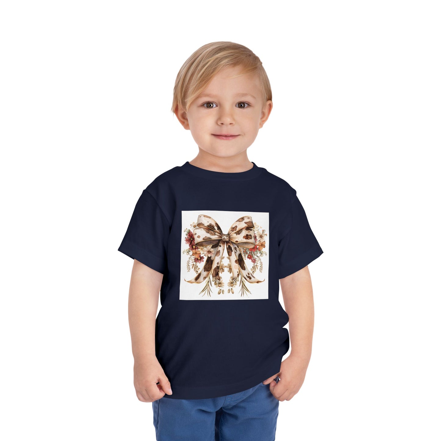 Toddler Short Sleeve Tee - Elegant Cowhide Ribbon Bow with Wildflower Bouquet - Cute Baby Tee for Playdates and Celebrations