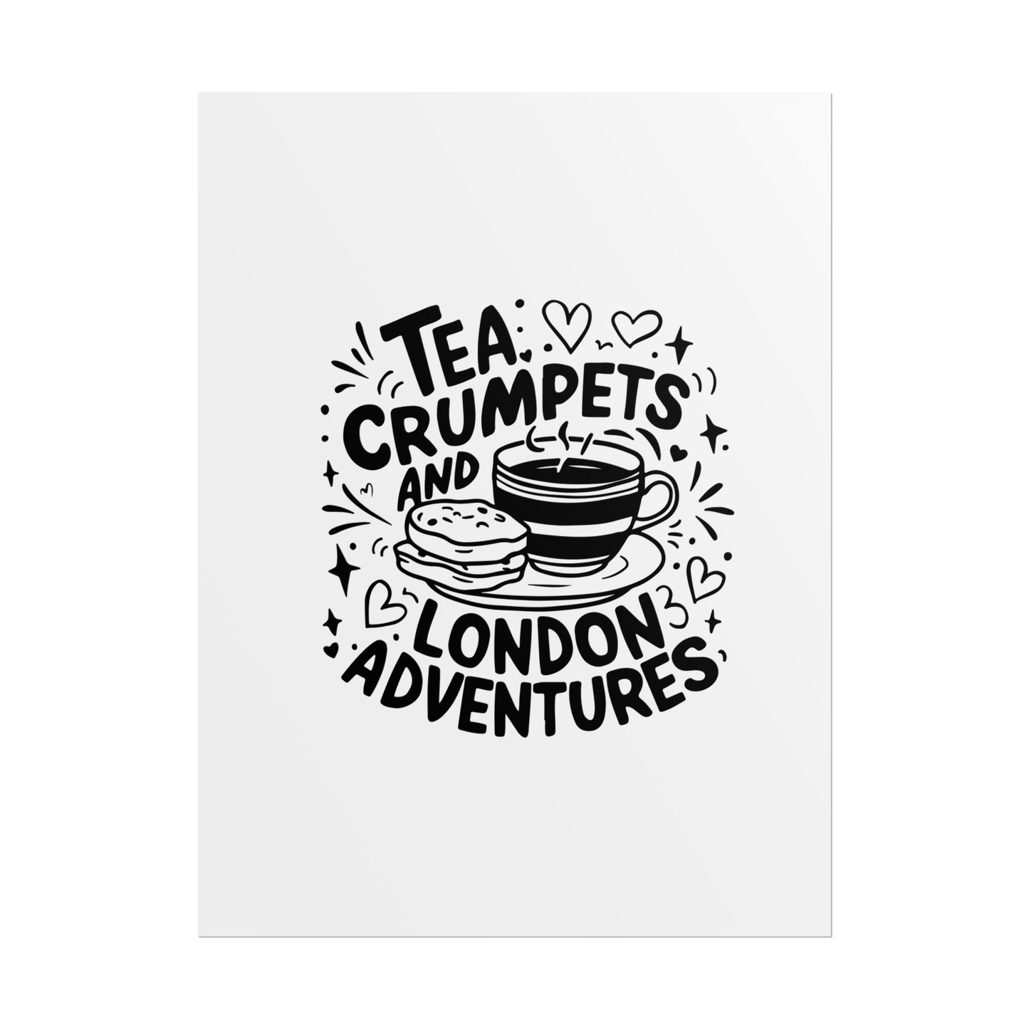 London Adventure Tea Crumpet Rolled Poster, Cute Wall Art, Gift for Tea Lovers, Home Decor, Travel Enthusiasts