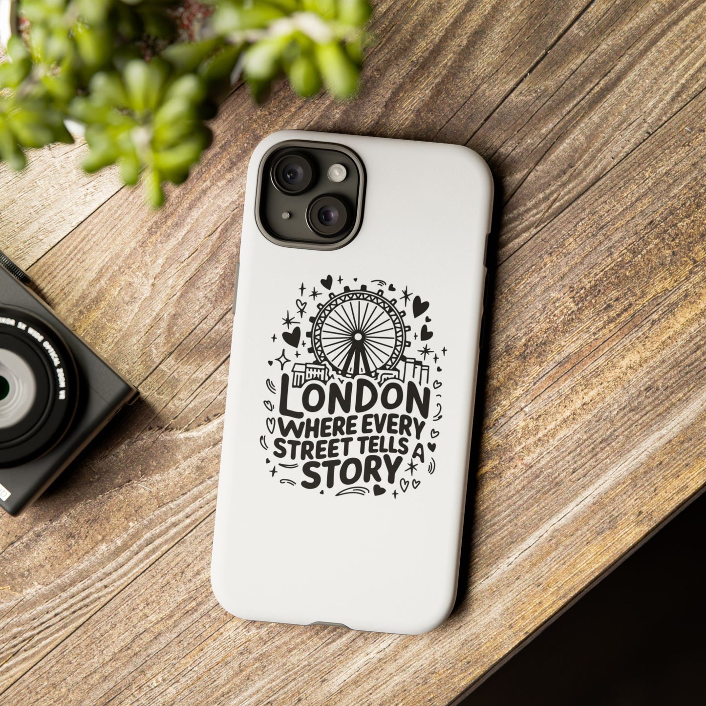 London Story Phone Case, Tough iPhone Cover, Gift for Travelers, London Souvenir, Black Typography Design